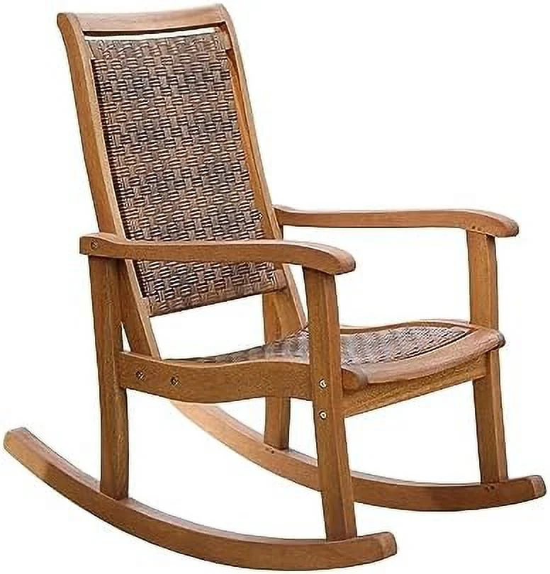 All-Weather Breathable Wicker Eucalyptus Wood Rocking Chair for Decks  Patios  and Porches  Mocha Brown