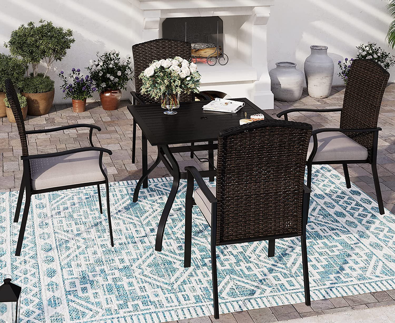 VALLEY Patio Dining Set 5 PCS Rattan Outdoor Dining Sets Swivel Wicker Patio Rocking Chairs with Cushion 37\u201Dx37\u201Dx28\u201DSquare Table with 1.57" Umbrella Hole for Outdoor Ki