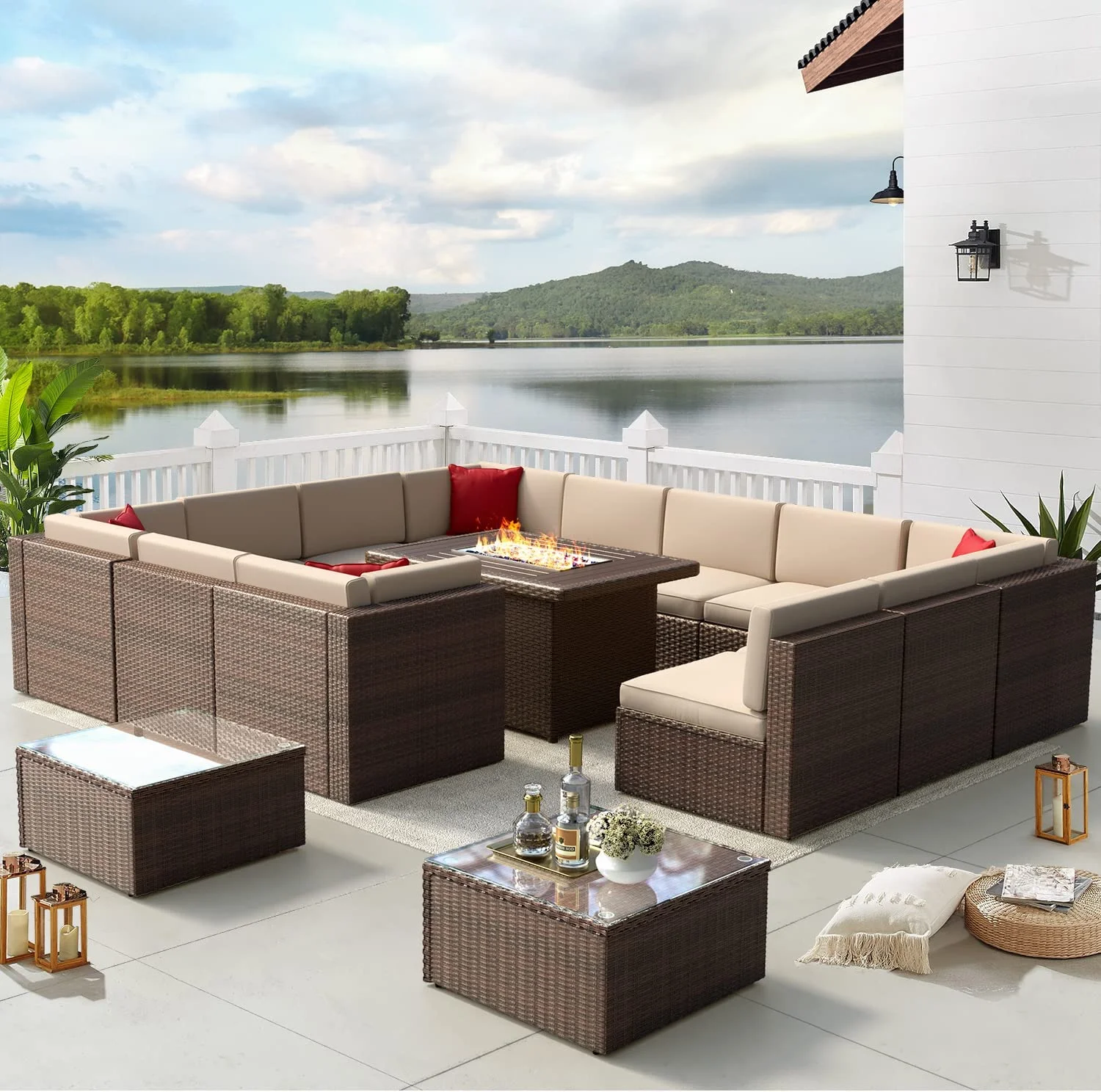 8PCS Patio Furniture Set with 44" Fire Pit Table Outdoor Sectional Sofa Set Wicker Furniture Set with Coffee Table (Grey Wicker)