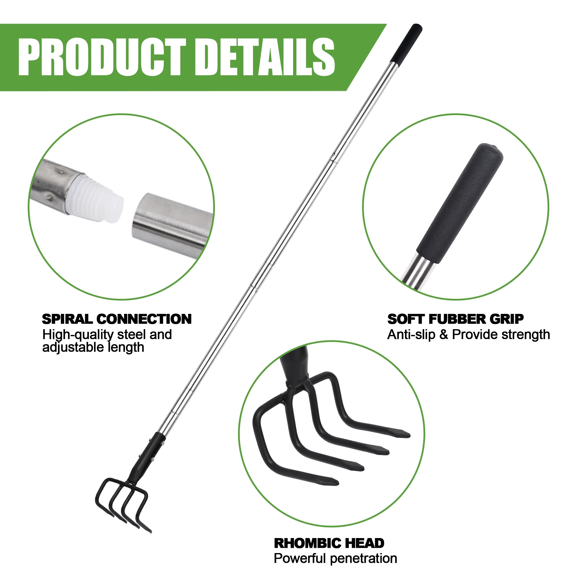 BARAYSTUS Garden Cultivator 4-Teeth Rake with Telescopic Handle and Soft Handle Cover