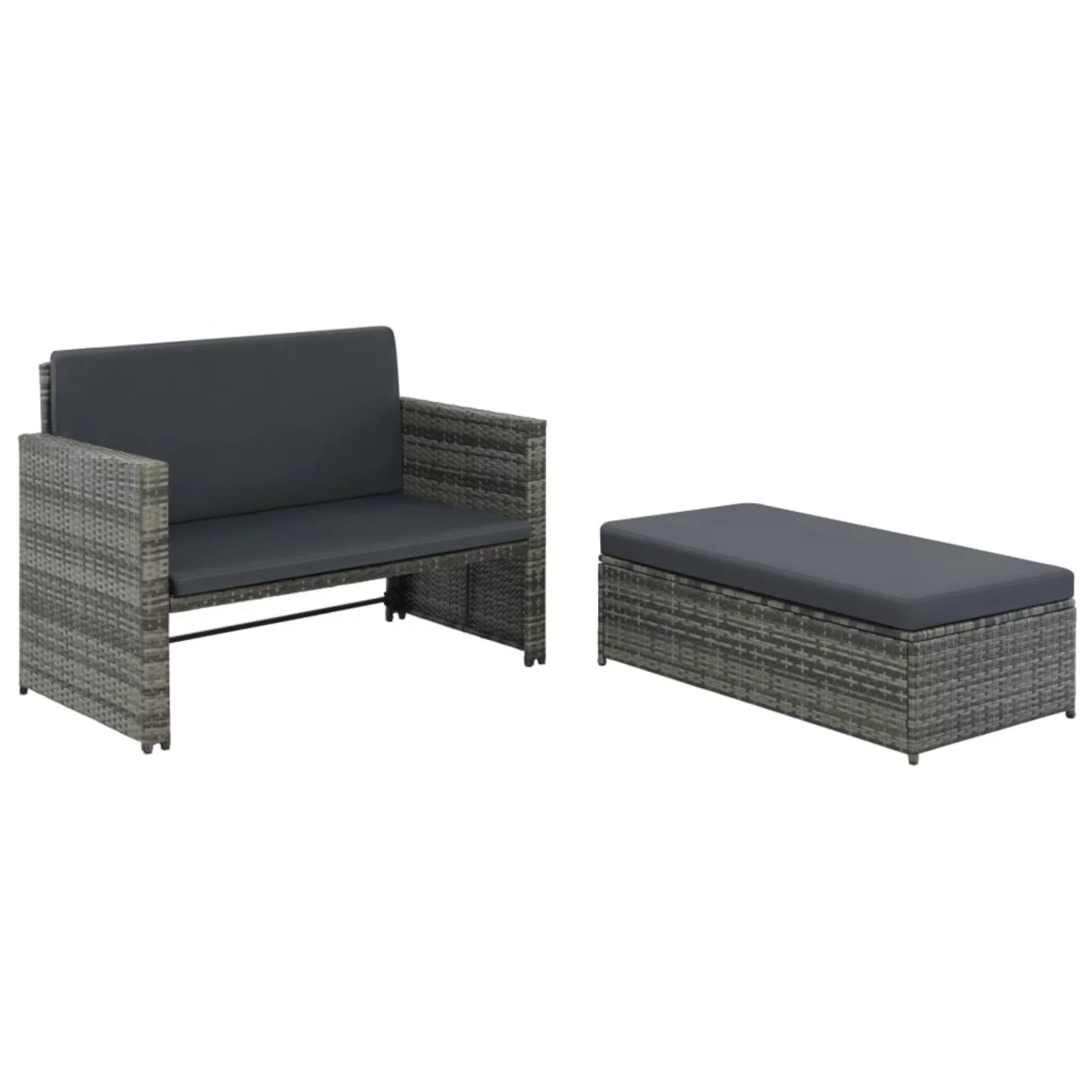 Dcenta 2 Piece Patio  Set with Cushions 2-Seater Sofa with Stool Poly Rattan Gray  Sectional Sofa Set Steel Frame for Garden, Balcony, Lawn, Yard, Deck