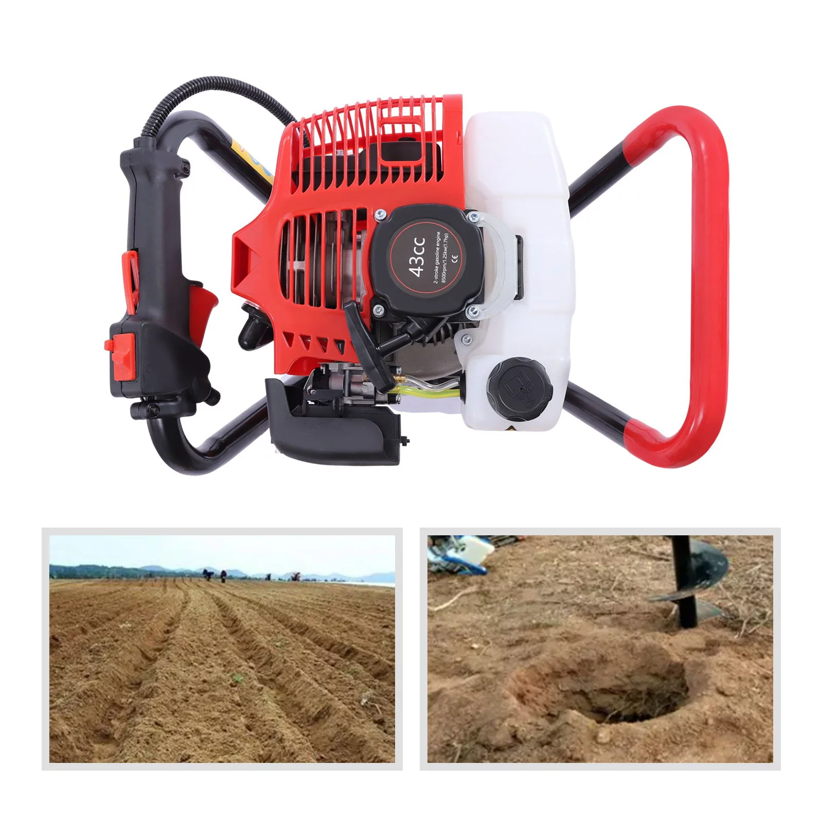 Wuzstar 43cc 1.7HP Gas Powered Post Hole Digger Earth Digger with Earth Auger Drill Bit 8+10+12 Inch