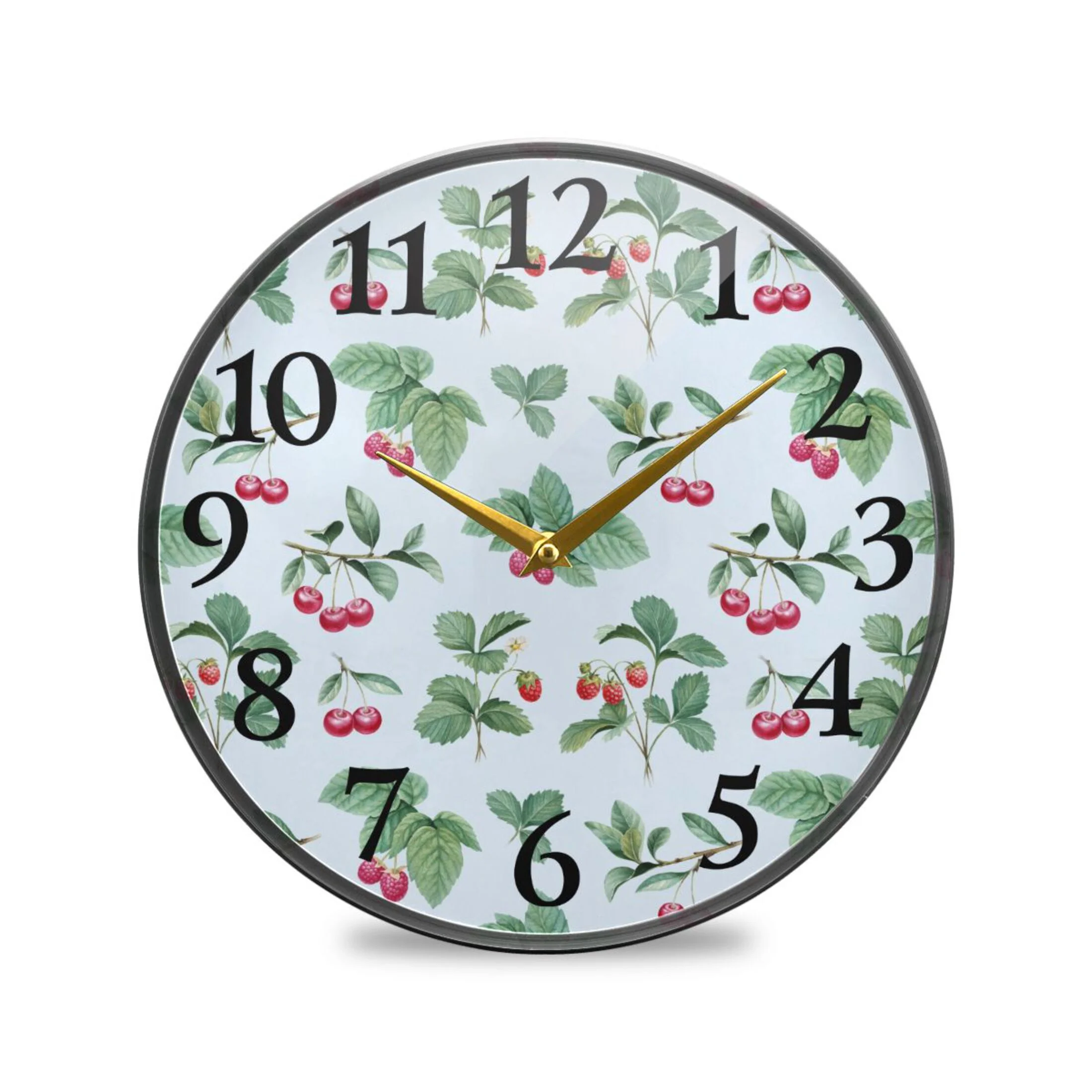 Watercolor Cherry and Leaves Wall Clocks Battery Operated 9.5 Inch Round Clock Acrylic Silent Non-Ticking Bedroom Living Room Decorative Clocks