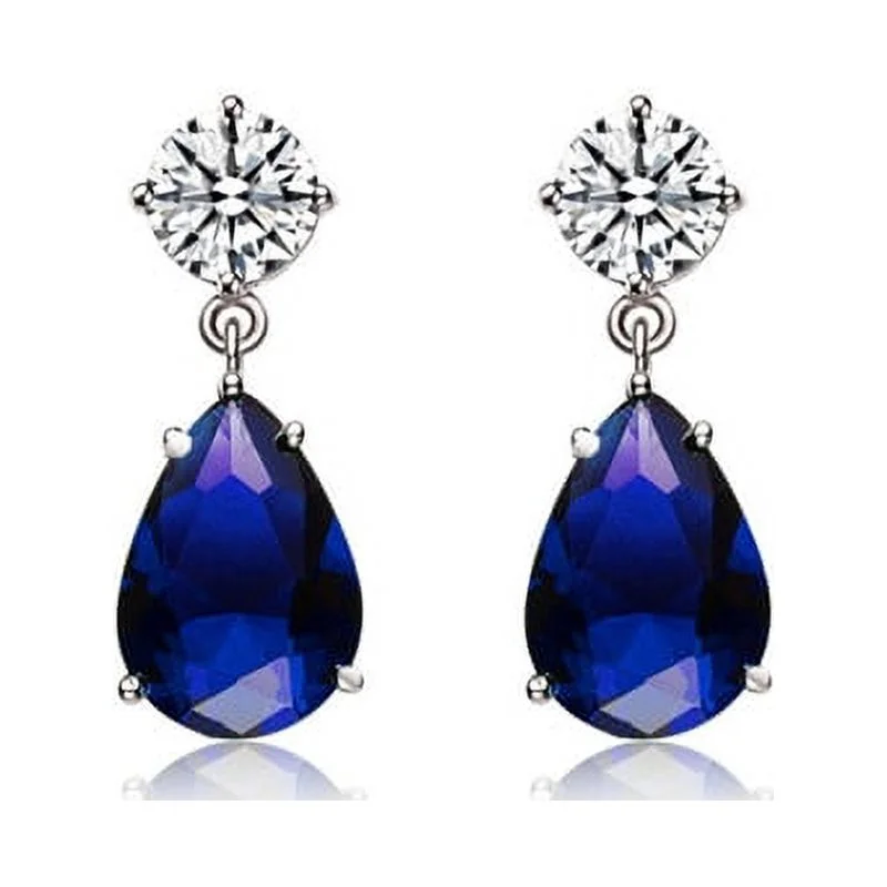 Prong Set Tear Drop Earrings with Simulated Pear Cut Sapphire and Round Brilliant Diamond by Diamond Essence set in Sterling Silver
