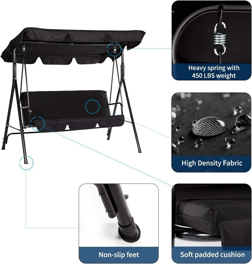 Porch Swing Hammock Bench Lounge Patio Chair 3-seat Padded Outdoor with Canopy