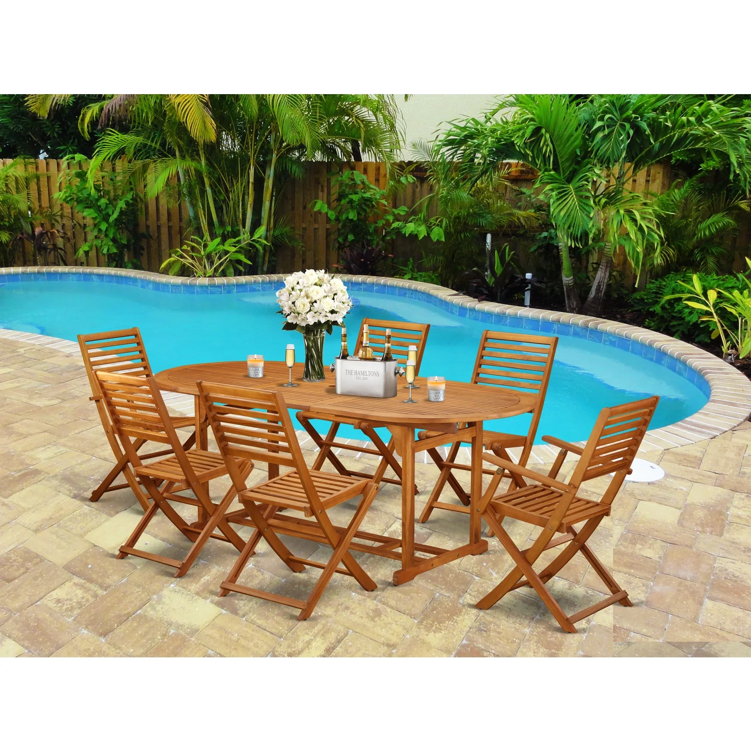 East West Furniture Beasley 7-piece Wood Patio Dining Set in Natural Oil