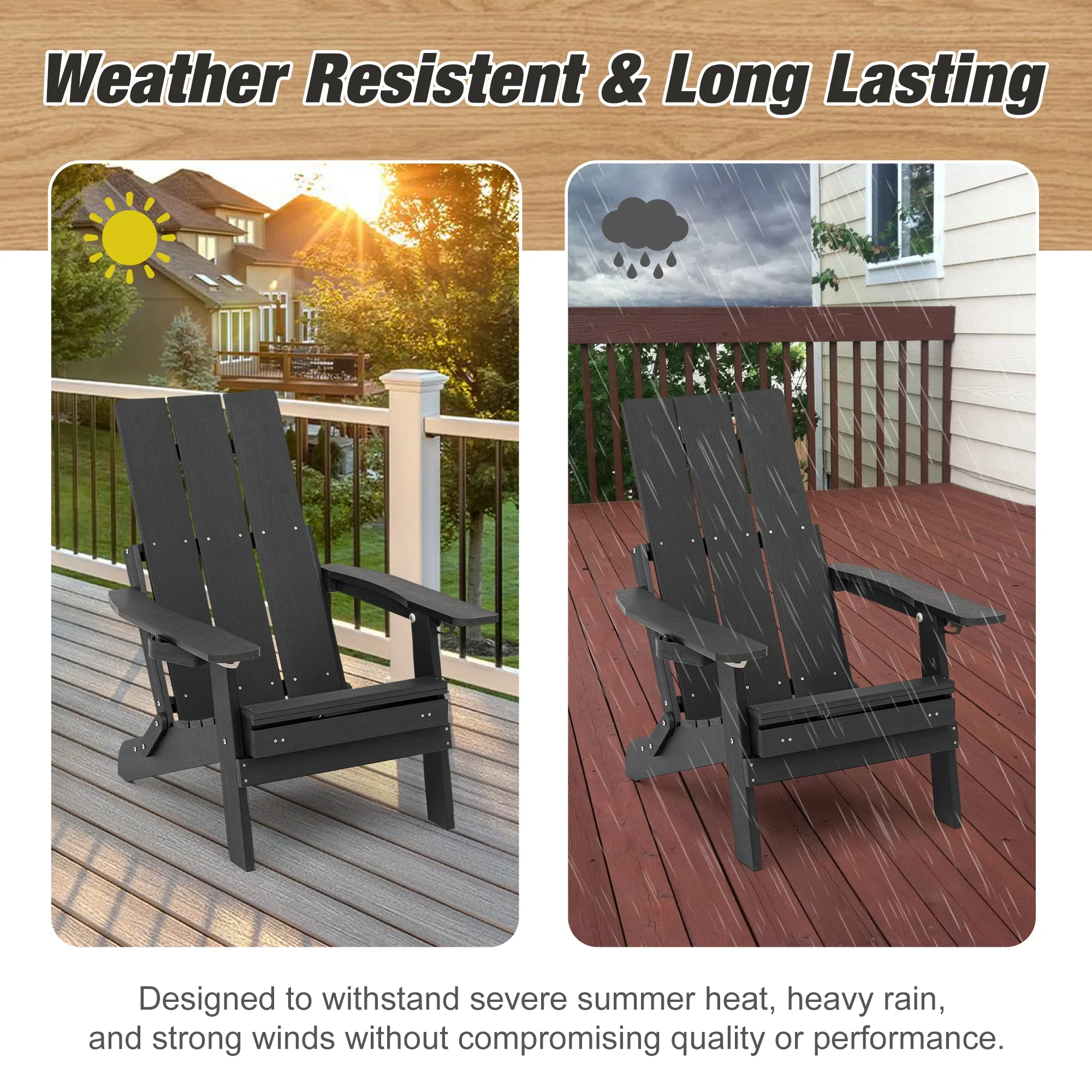 Innovaze Poly Lumber Plastic Folding Adirondack Chair with Cup Holders, Ottoman and Cushion, Heavy Duty 700 LBS, Black