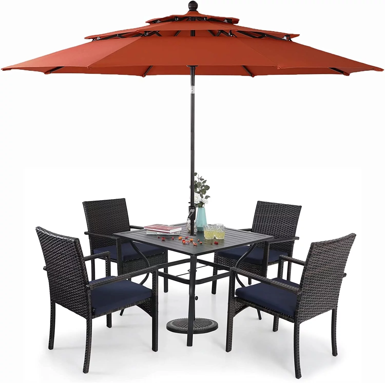& William Outdoor 6 Pieces Dining Set with 4 Rattan Chairs  1 Metal Table and 1 10ft 3 Tier Auto-tilt Umbrella(No Base) Orange Red  Modern Patio Furniture for Poolside  Porch  Patio