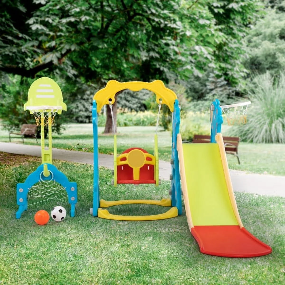 Cheelom 5 in 1 Slide and Swing Playing Set, Toddler Extra-Long Slide with 2 Basketball Hoops, Football, Ringtoss, Indoor Outdoor