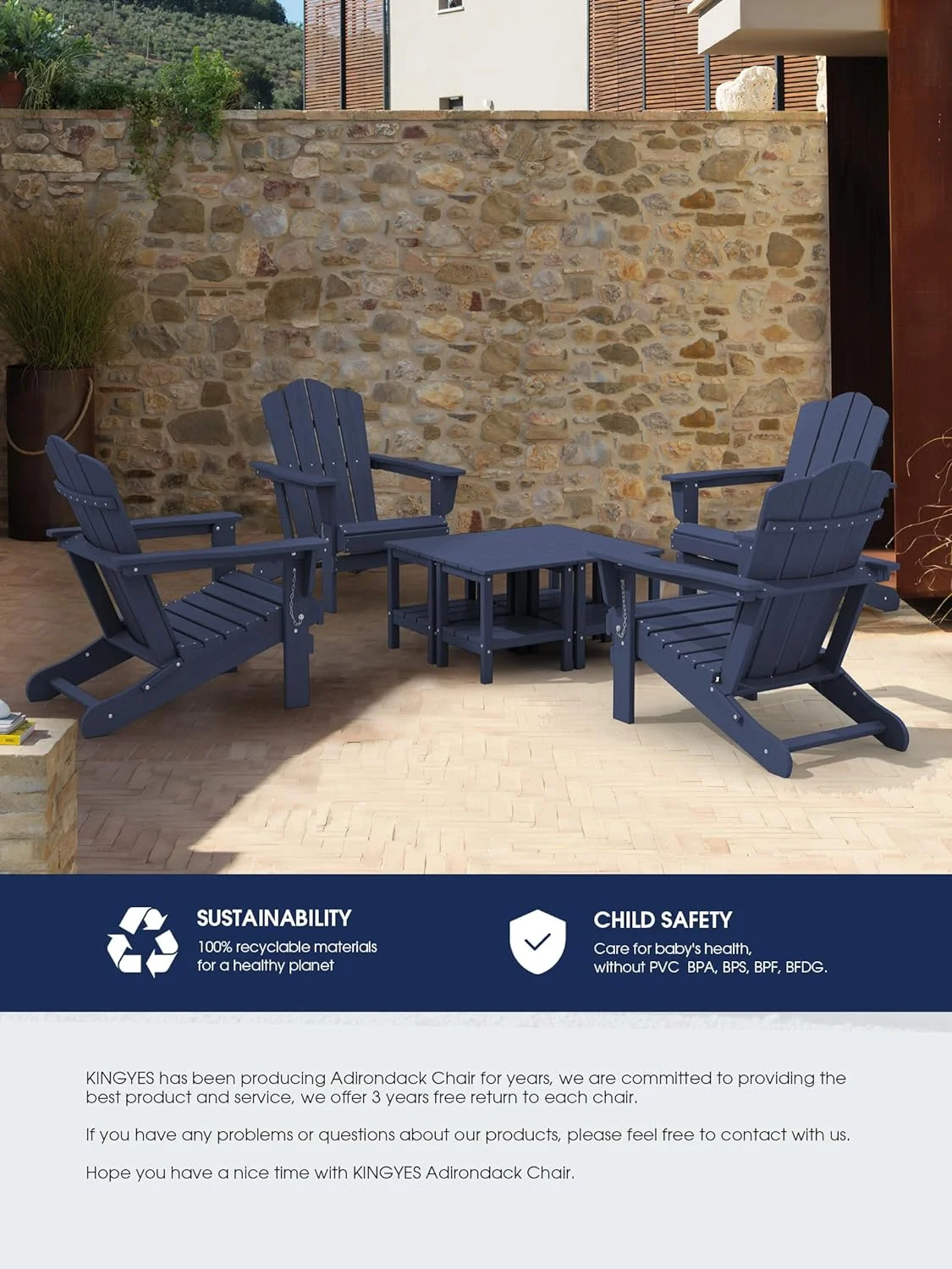 KINGYES Adirondack Chair, Folding Design, Navy