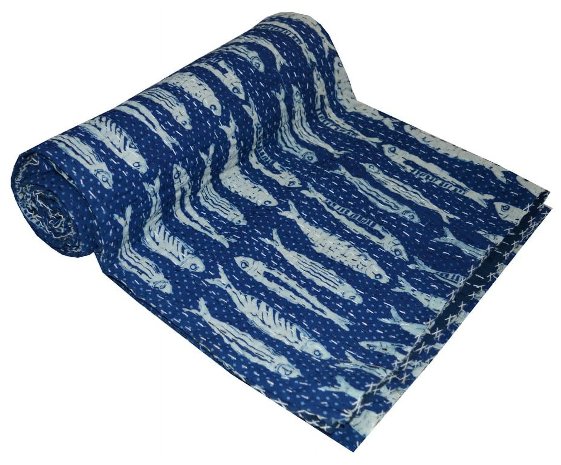 Vintage Fish Print Kantha Quilt Blue Quilt Kantha Bedspread Cotton Blanket Indian Bed Cover Bohemian Quilt Kantha Quilt Queen Size 90 X 108 Inches