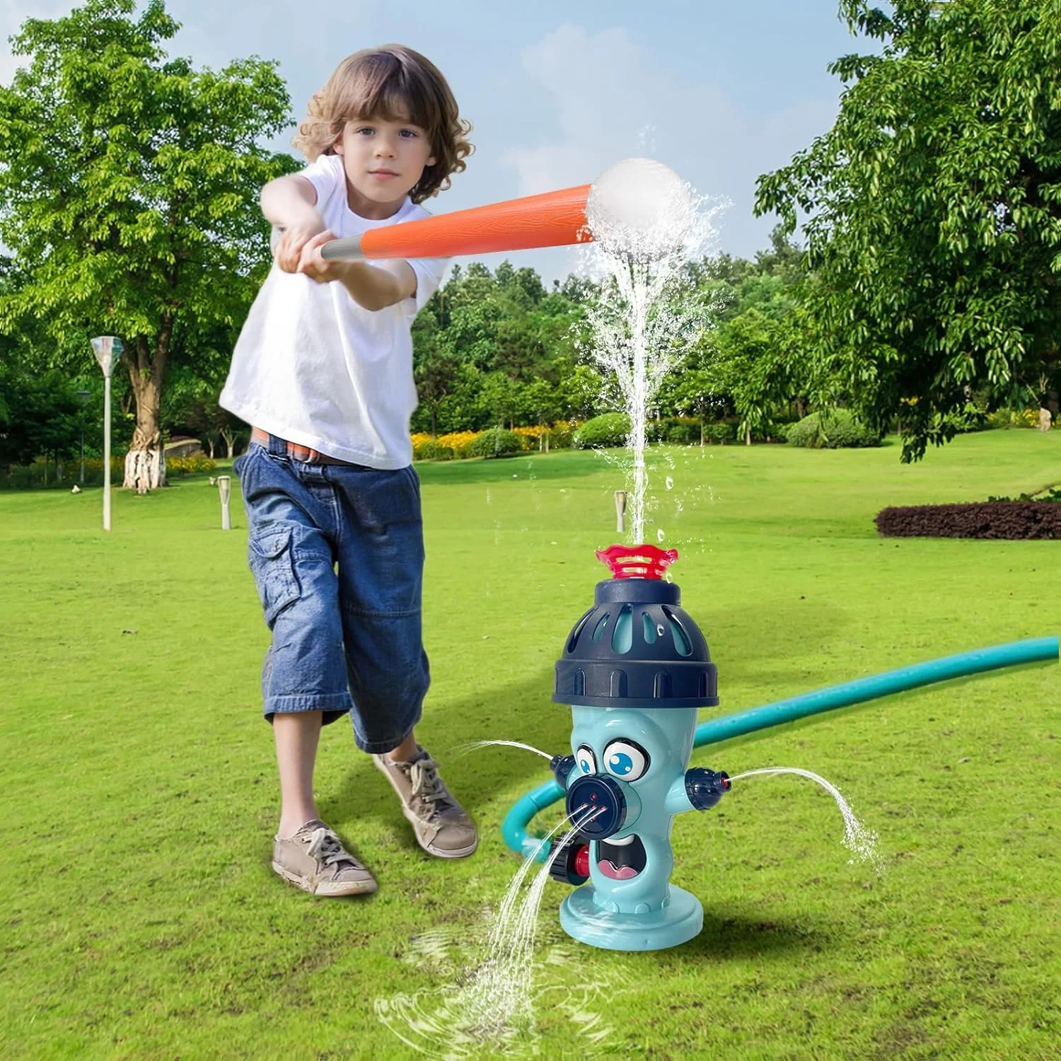 Transplant Outdoor Water Spray Sprinkler Toy for Kids, Backyard Hydrant Sprinkler Tee Ball Games Set with 2 Baseballs, Attaches to Garden Hose Splashing Fun Gift for 3+ Years Boys and Girls
