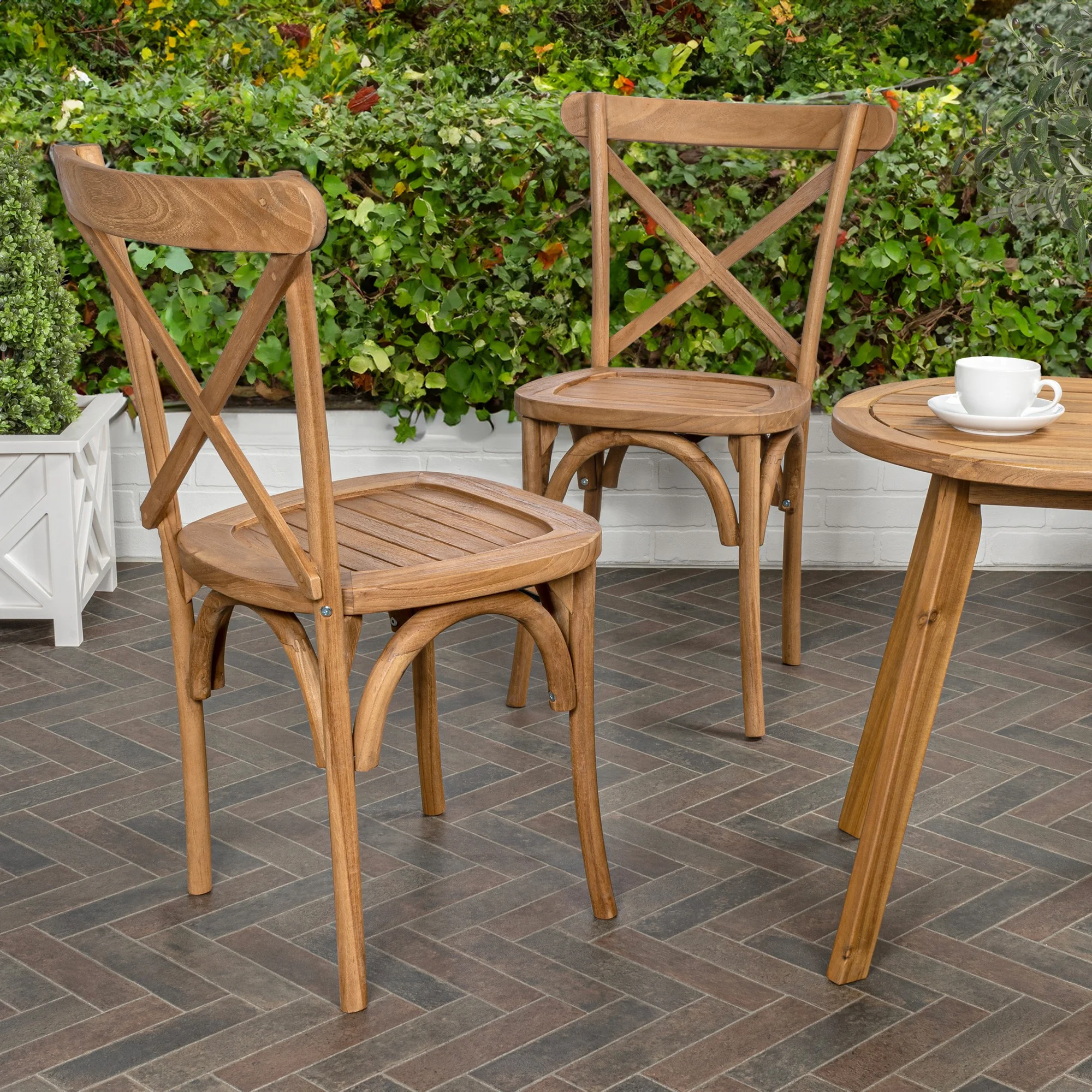 Annecy Classic Traditional X-Back Wood Outdoor Dining Chair, Natural (Set of 2)