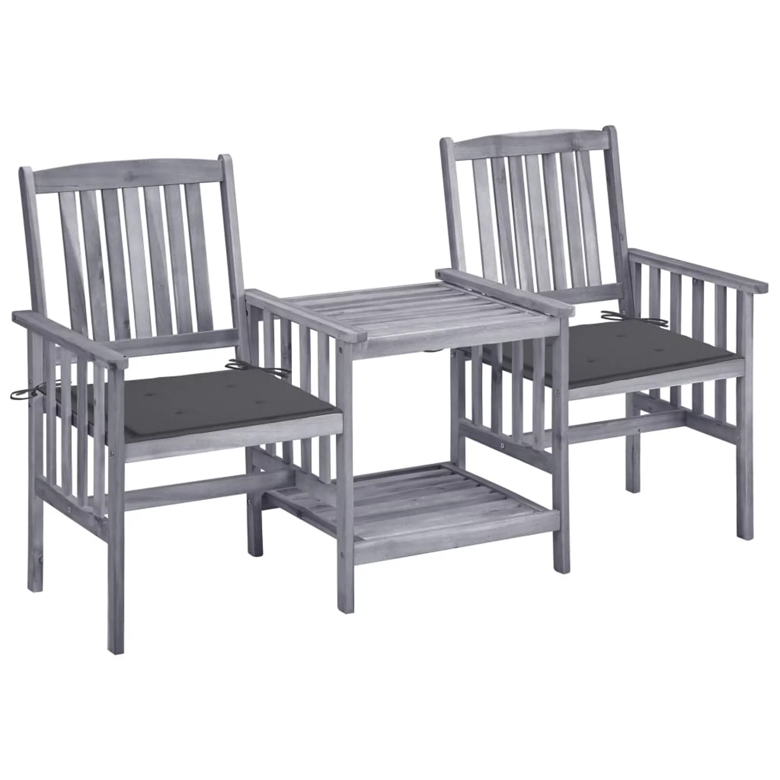 Anself Wooden Double Chairs with Cushion and Tea Table with Storage Shelf Gray Acacia Wood Bistro Set for Patio, Backyard, Balcony, Lawn,  62.6 x 24 x 36.2 Inches (L x W x H)