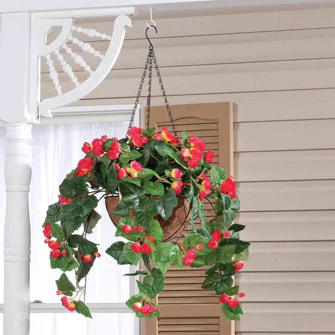 Assembled Artificial Begonia Hanging Basket, 10” Diameter and 18” Chain – Coral Polyester/Plastic Flowers in Metal and Coco Fiber Liner Basket for Indoor/Outdoor Use