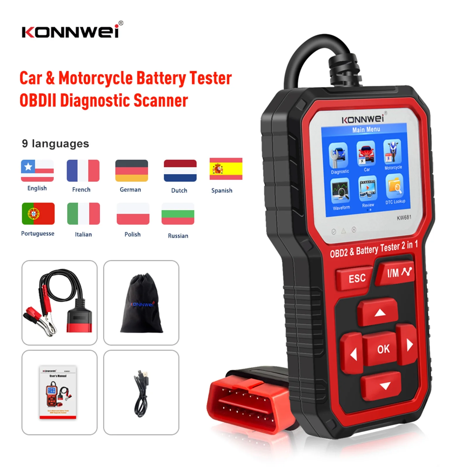 Meterk KW681 Car&Motrocycle Battery Tester & OBDII Diagnostic Scanner Tool 2 in 1