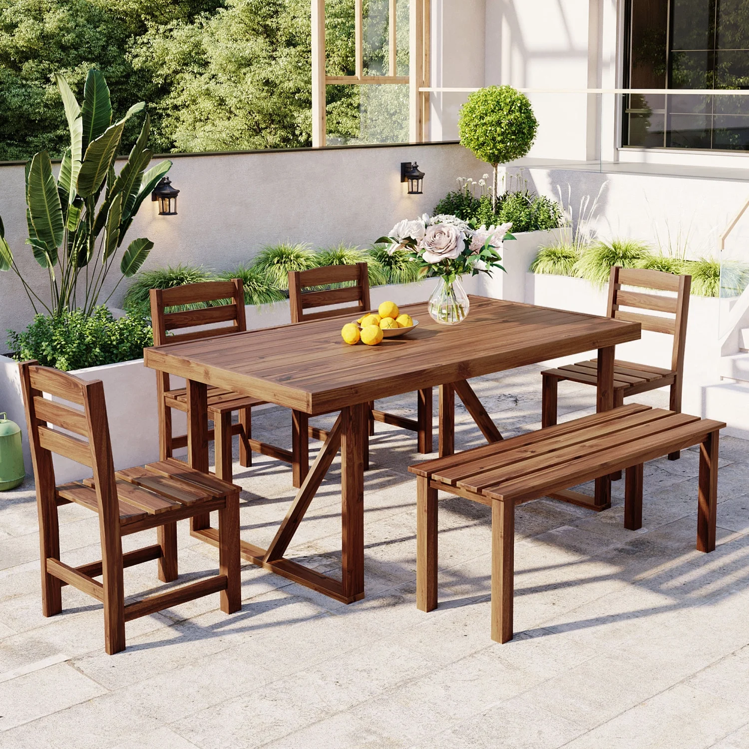 High-quality U-Style Acacia Wood Outdoor Table and Chair Set with Stylish Design  Perfect for Patio  Balcony  or Backyard Use.
