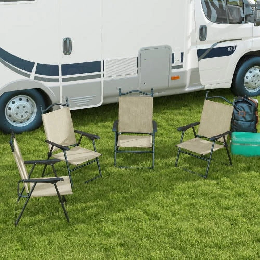 YPDCHB Folding Patio Chairs  Set of 4 Sports Chairs for Adults  Camping Chairs with Armrests  Breathable Mesh Fabric Seat for Lawn  Beige