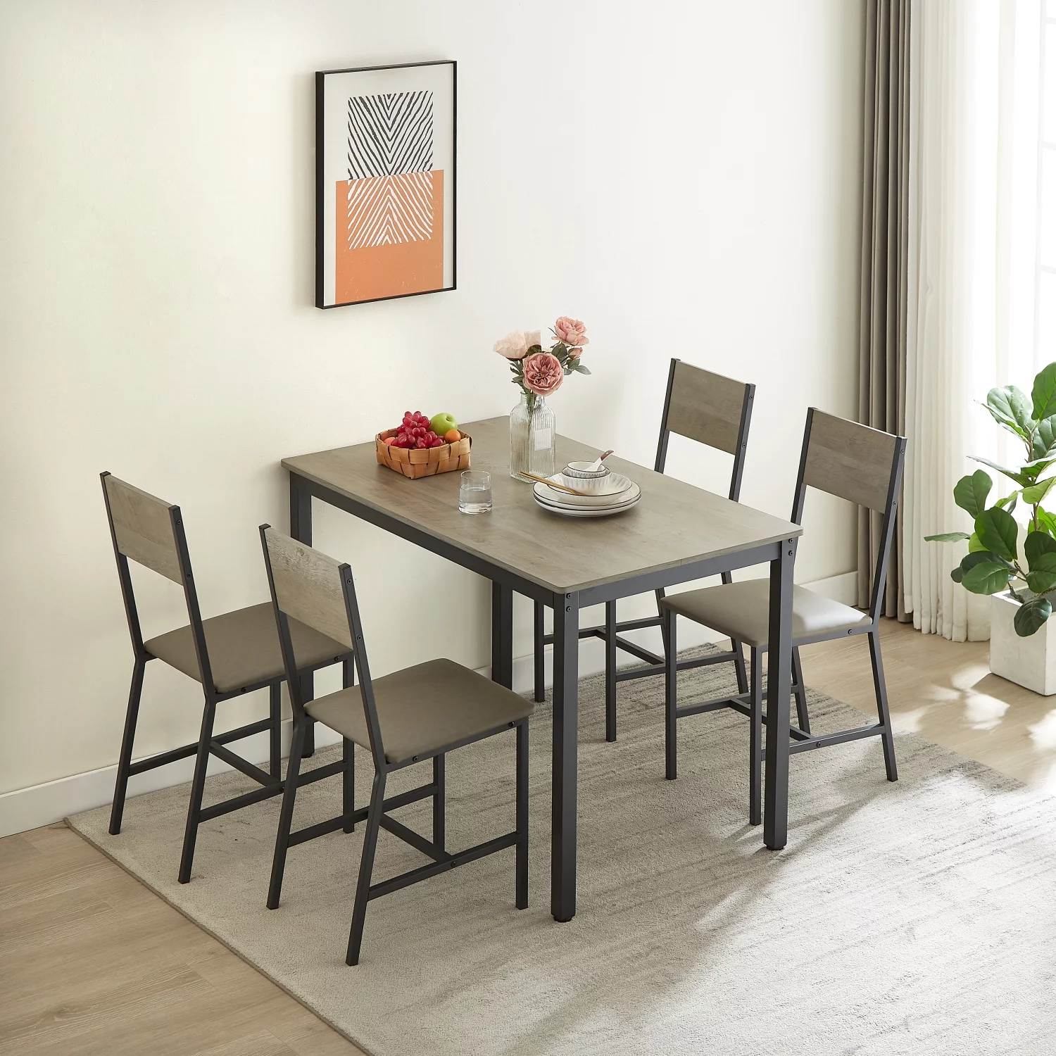 Dining Set for 5 Kitchen Table with 4 Upholstered Chairs  Grey  47.2‘‘ L x 27.6‘‘ W x 29.7‘‘ H.
