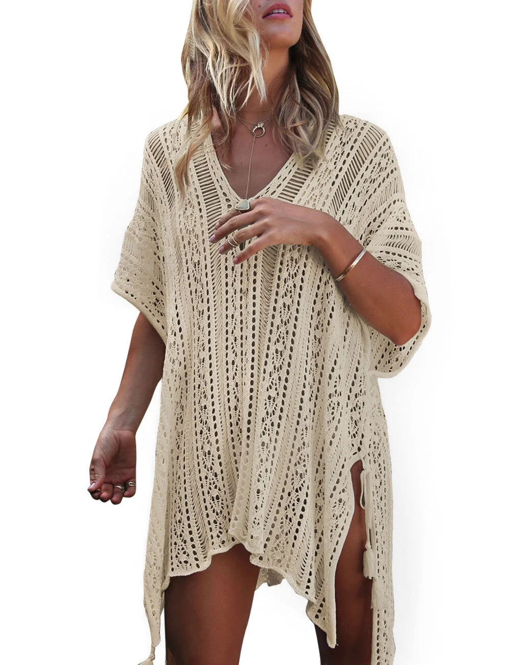 Swimsuit Cover Up for Women Summer Sexy Hollow Out Seethrough Crochet Bathing Suit Cover Up Swimwear Beach Cover Up with Tassel Shermie