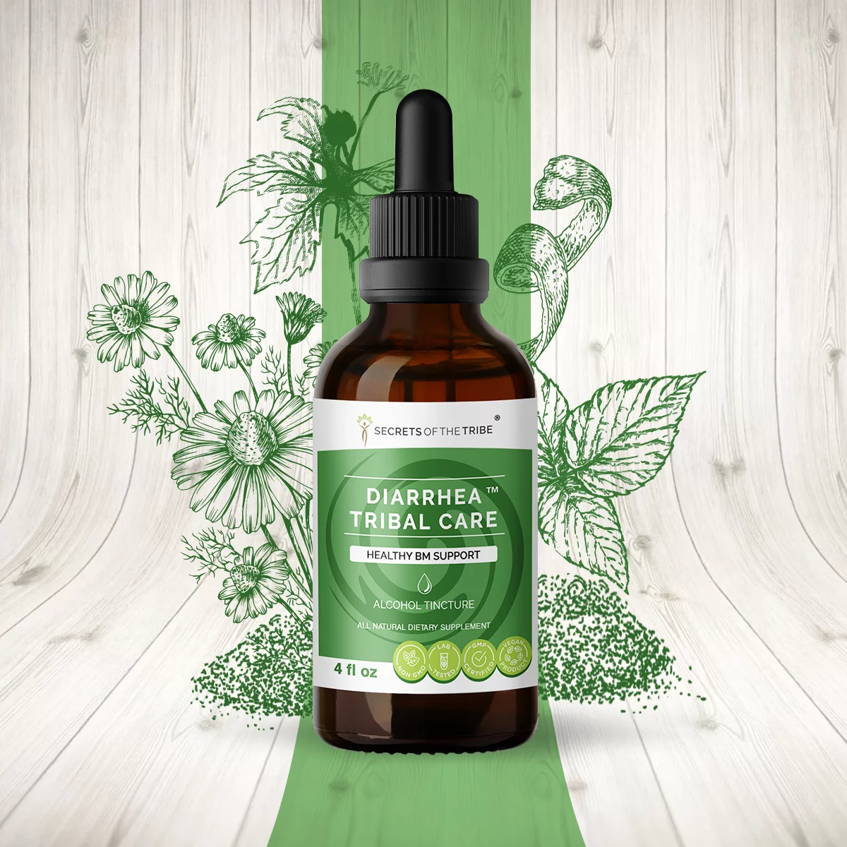 Diarrhea Tribal Care Alcohol Extract, Tincture, Blackberry, Slippery Elm, Red Raspberry, Chamomile, Orange, Goldenseal. Healthy BM Support 4 oz