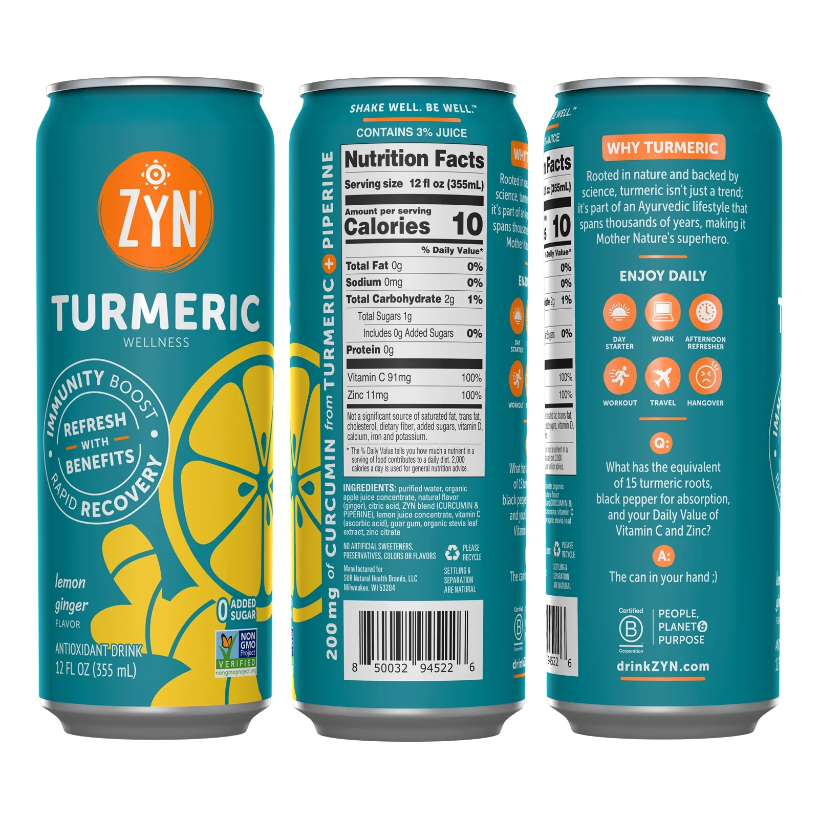 ZYN Immunity & Recovery Turmeric Wellness Drinks - Lemon Ginger (6 Pack)