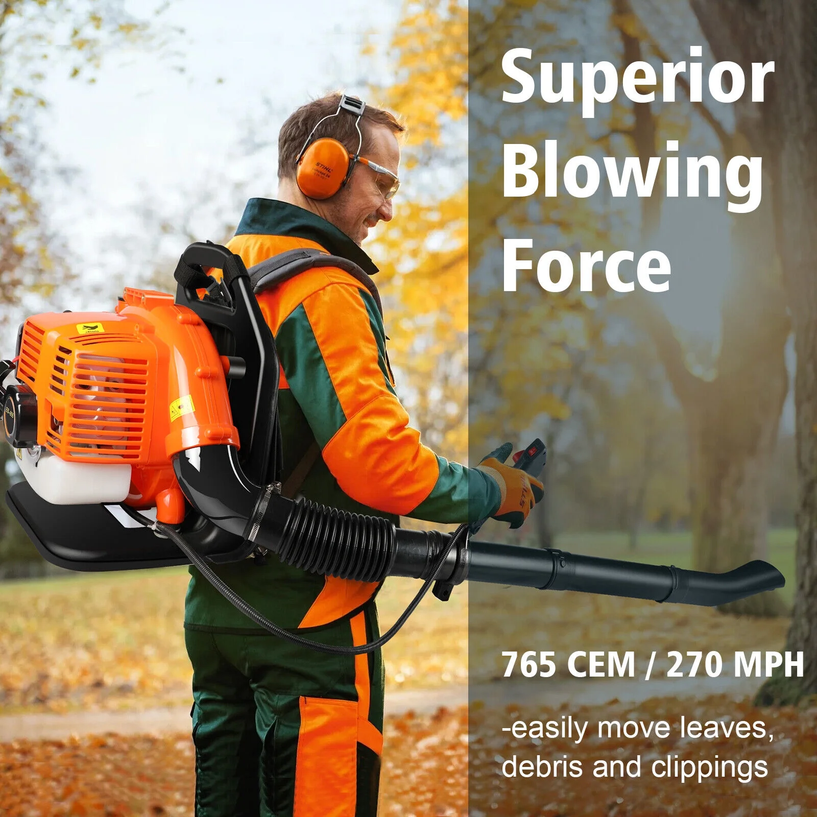 Backpack 43CC Leaf Blower Gas Powered Snow Blower 665CFM 270MPH 2-Stroke 3HP US