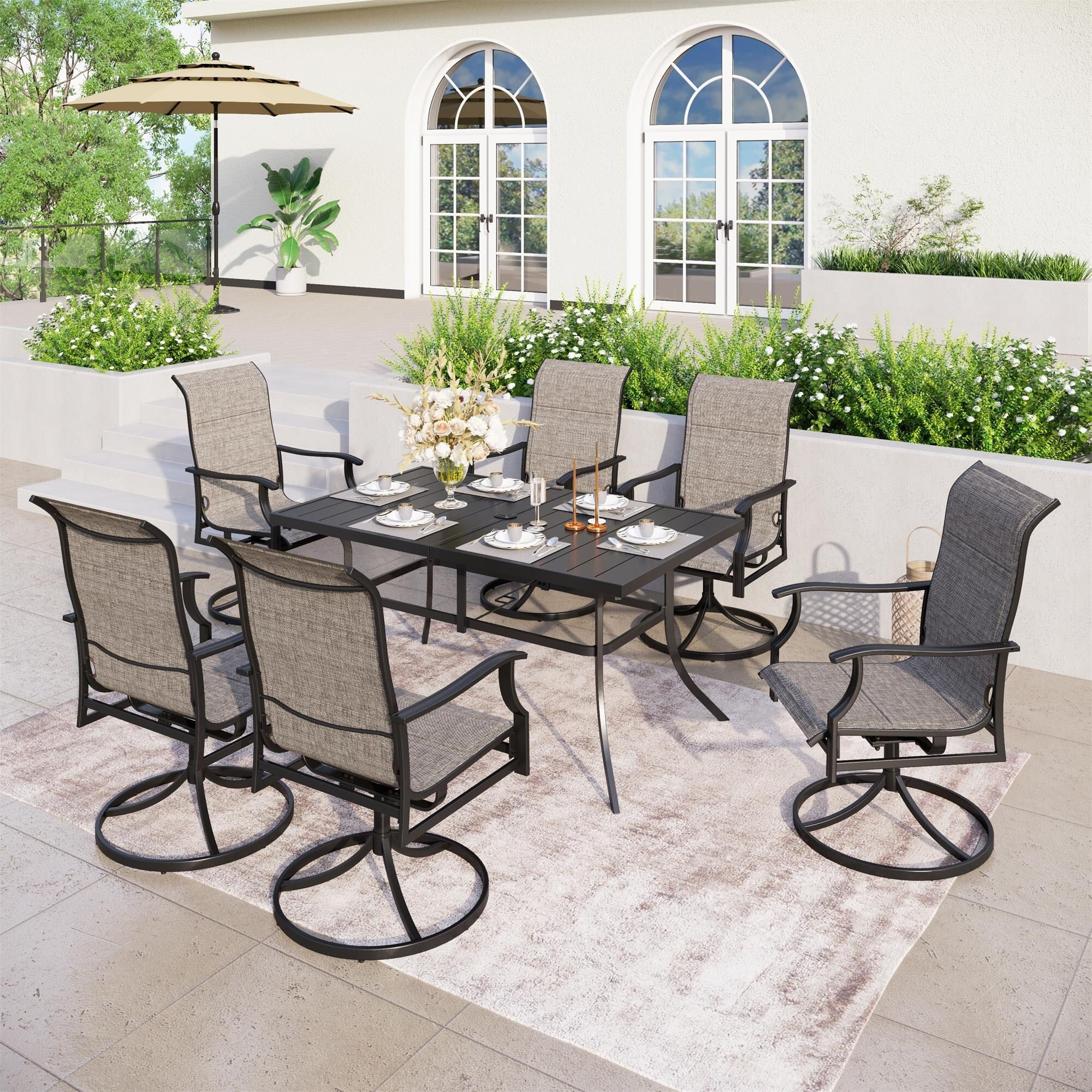 7 Pieces Patio Dining Set, 6 x Swivel Dining Textilene Padded Chairs and 1 Metal Table with Umbrella Hole Type A