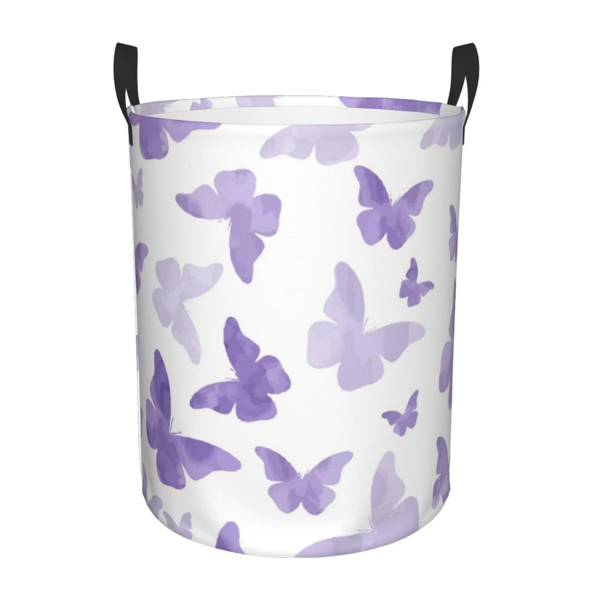 XMXY Round Laundry Basket Organizer, Purple Butterfly Waterproof Collapsible Dirty Clothes Basket Laundry Hamper, Small Size