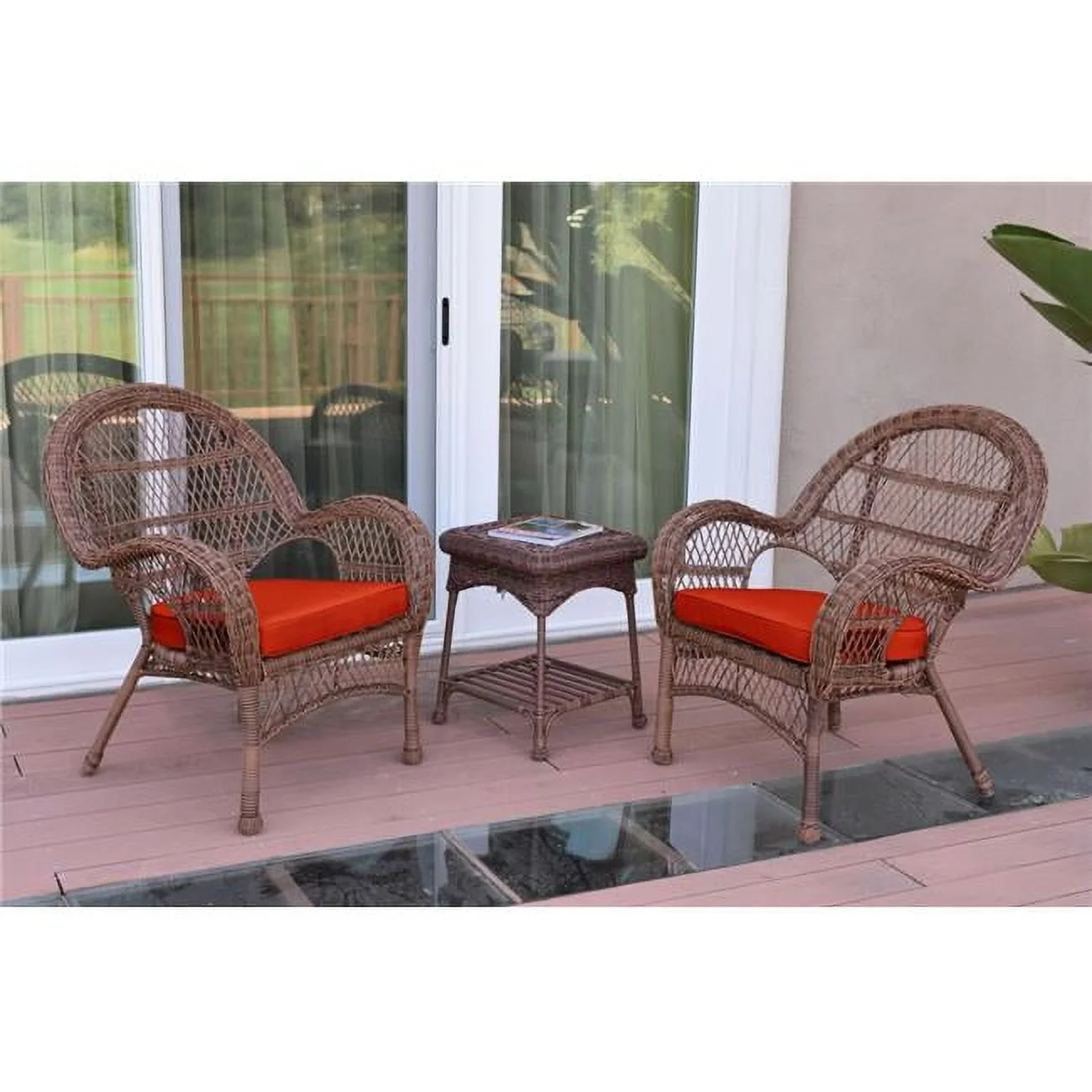 W00210-2-CES018 3 Piece Santa Maria Honey Wicker Chair Set, Brick Red Cushion