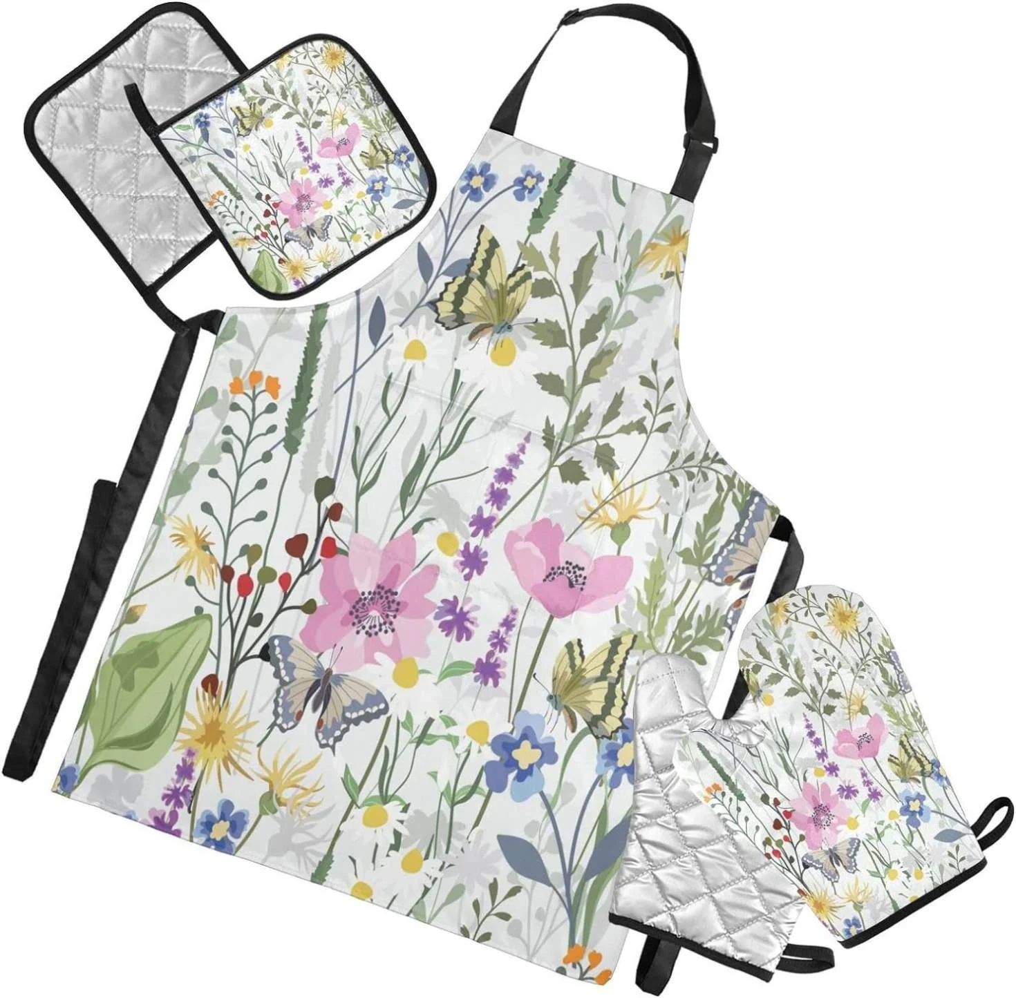 Bestwell Butterfly Flowers Kitchen Apron Sets,1 Waterproof Apron with Pockets 2 Oven Mitts & 2 Pot Holders Kitchen Accessories Set Adjustable Strap for Kitchen Cooking