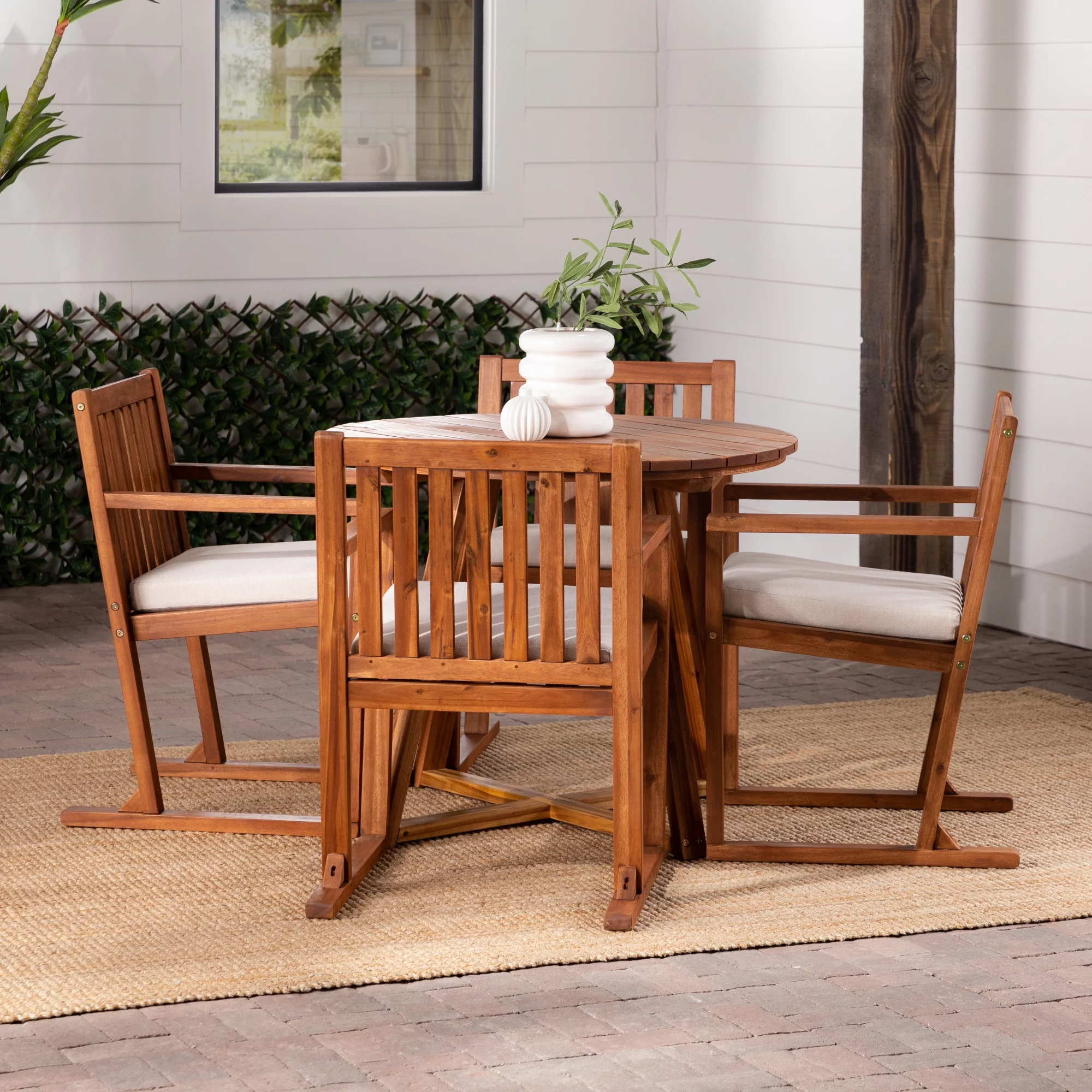 Walker Edison Modern 5-Piece Solid Wood Outdoor Dining Set, Brown