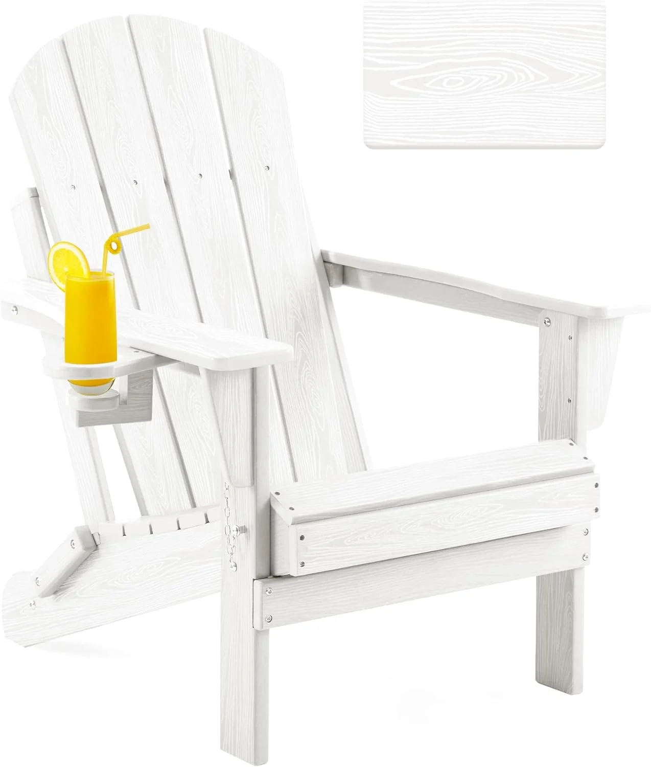 Folding Adirondack Chair, Patio Chair Weather Resistant, Outdoor Chair Wood Texture, Lawn Chair with Cup Holder, Fire Pit Chair for Deck, Outdoor, Porch, Backyard, Garden (White)