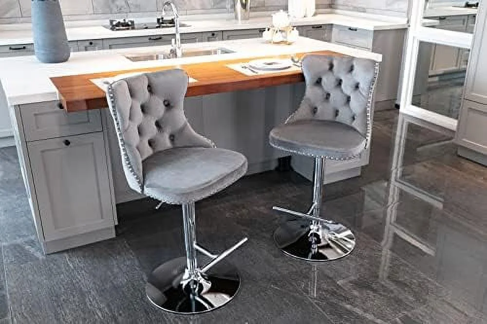MQLIFEBOOM Stools   Adjustable Swivel Counter Height Barstools with Back for Kitchen Island  Velvet Upholstered  Chairs with Nailheads Trim and Sliver Footrest for Dining Room Pub  Gray