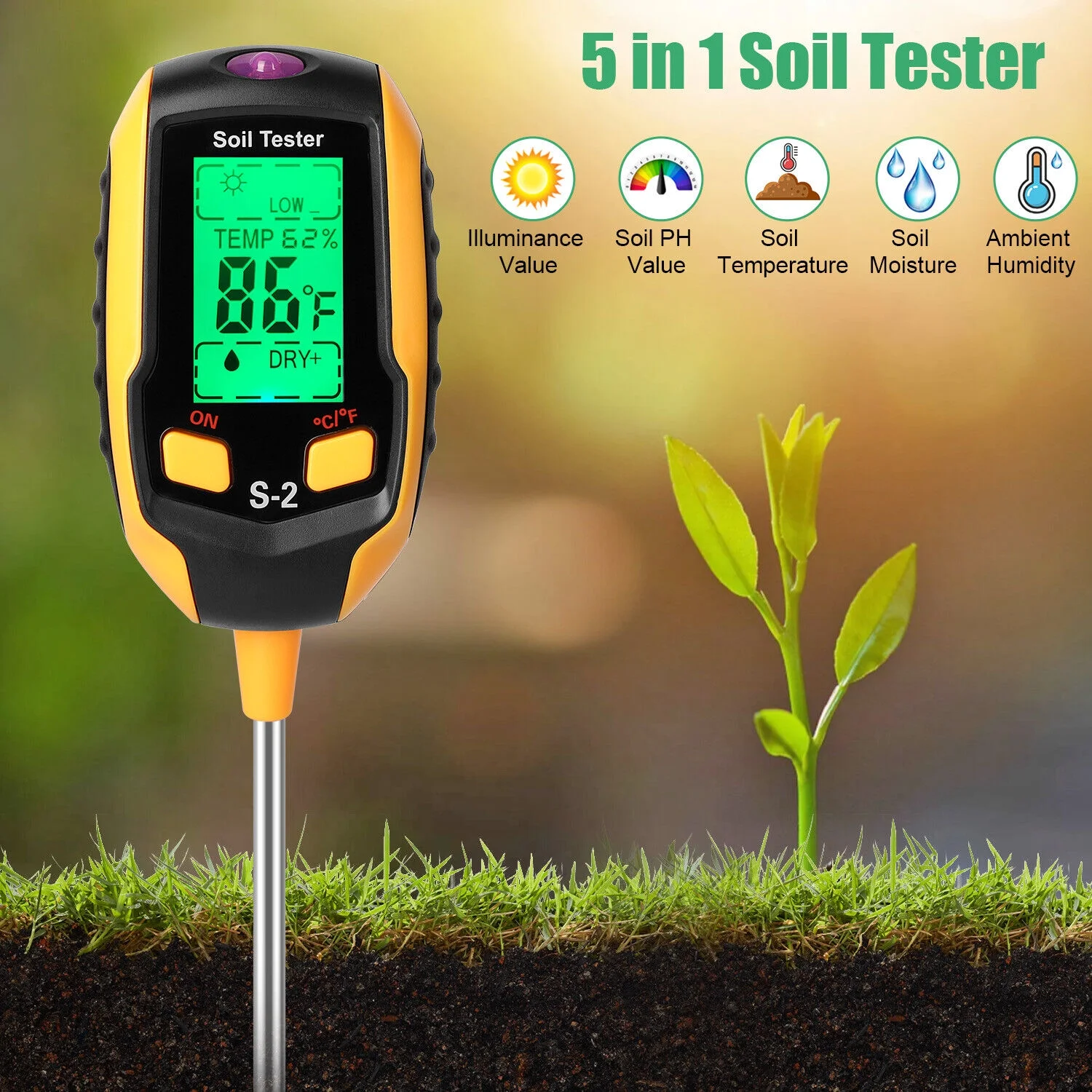 LCD Digital PH Soil Tester Water Moisture Temperature Sunlight Test Meter Plant