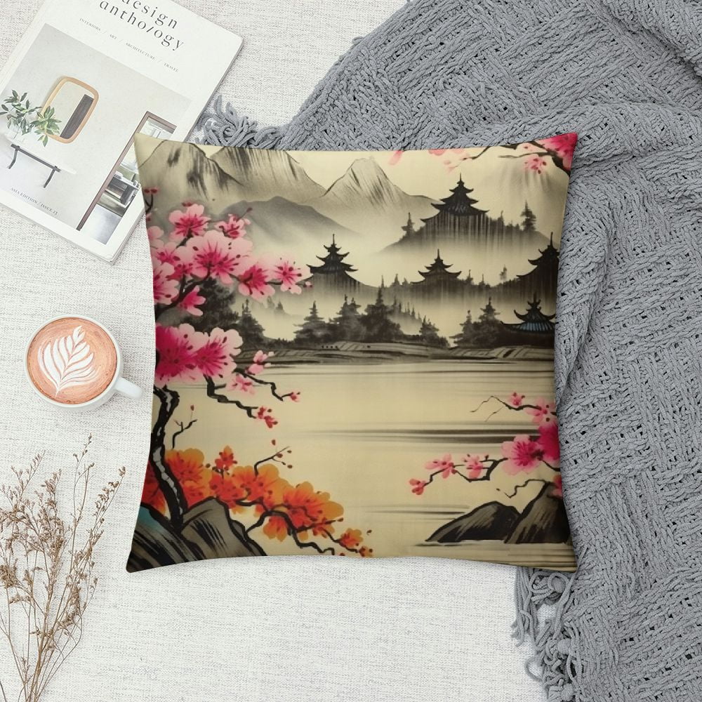 ONETECH Vintage Japanese Plum Blossom Throw Pillow Covers,Retro Traditional Watercolor Spring Cherry Blossoms Lakes Hills Girls Women Pliiow Covers for Living Room Bedroom Sofa Party Decor