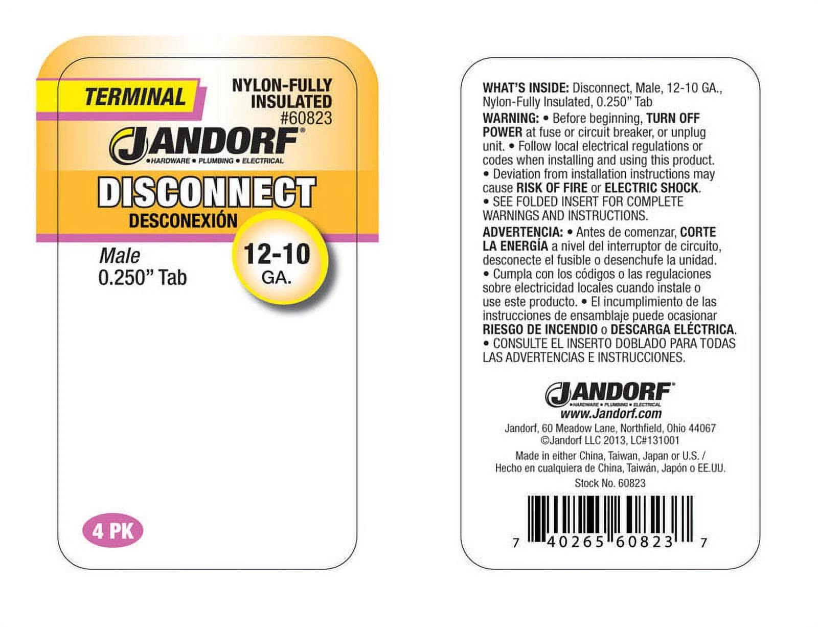 Jandorf 60823 Disconnect Terminal, 12 to 10 AWG Wire, Nylon Insulation, Copper Contact, Yellow