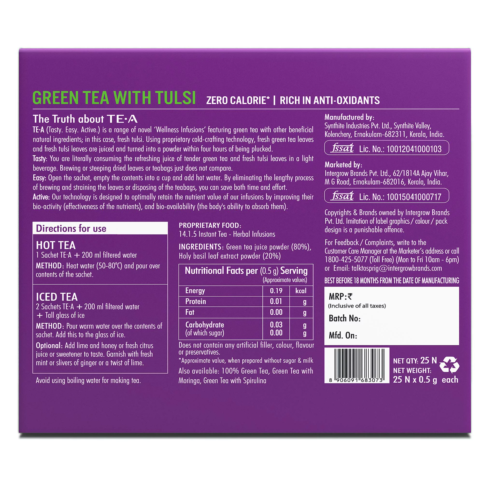 Sprig Green Tea With Tulsi |Fresh Tulsi| Fully Soluble Green Tea |Low Bitterness | Antioxidant Rich |Boost Immunity| Reduce Stress And Anxiety |No Additives |25