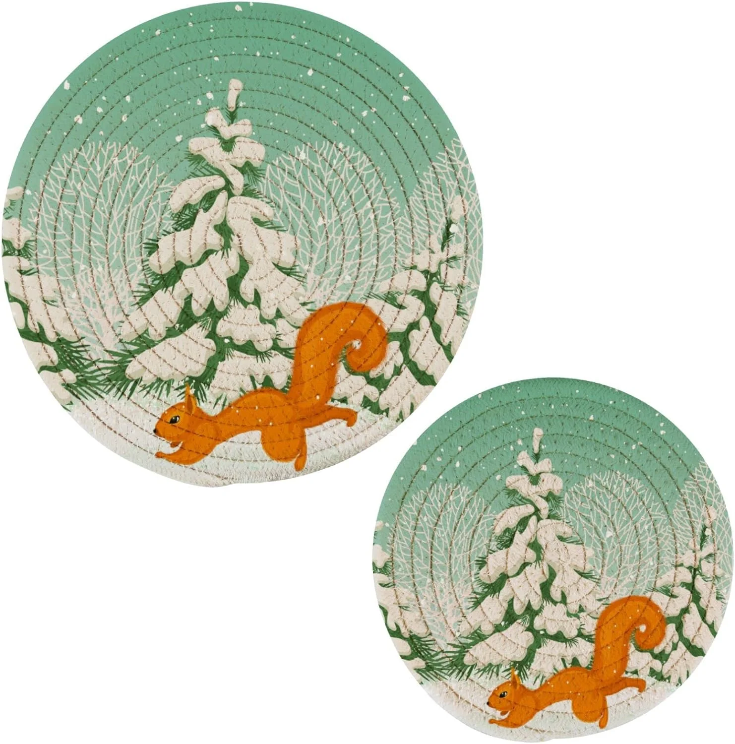 FREEAMG 2 Pcs Woven Pot Holders Trivets Set, Snow Winter Forest Running Squirrel Round Cotton Coasters Placemats for Cooking Baking Hot Dish Pan Pot Bowl Teapot, 9.45 In + 7 In