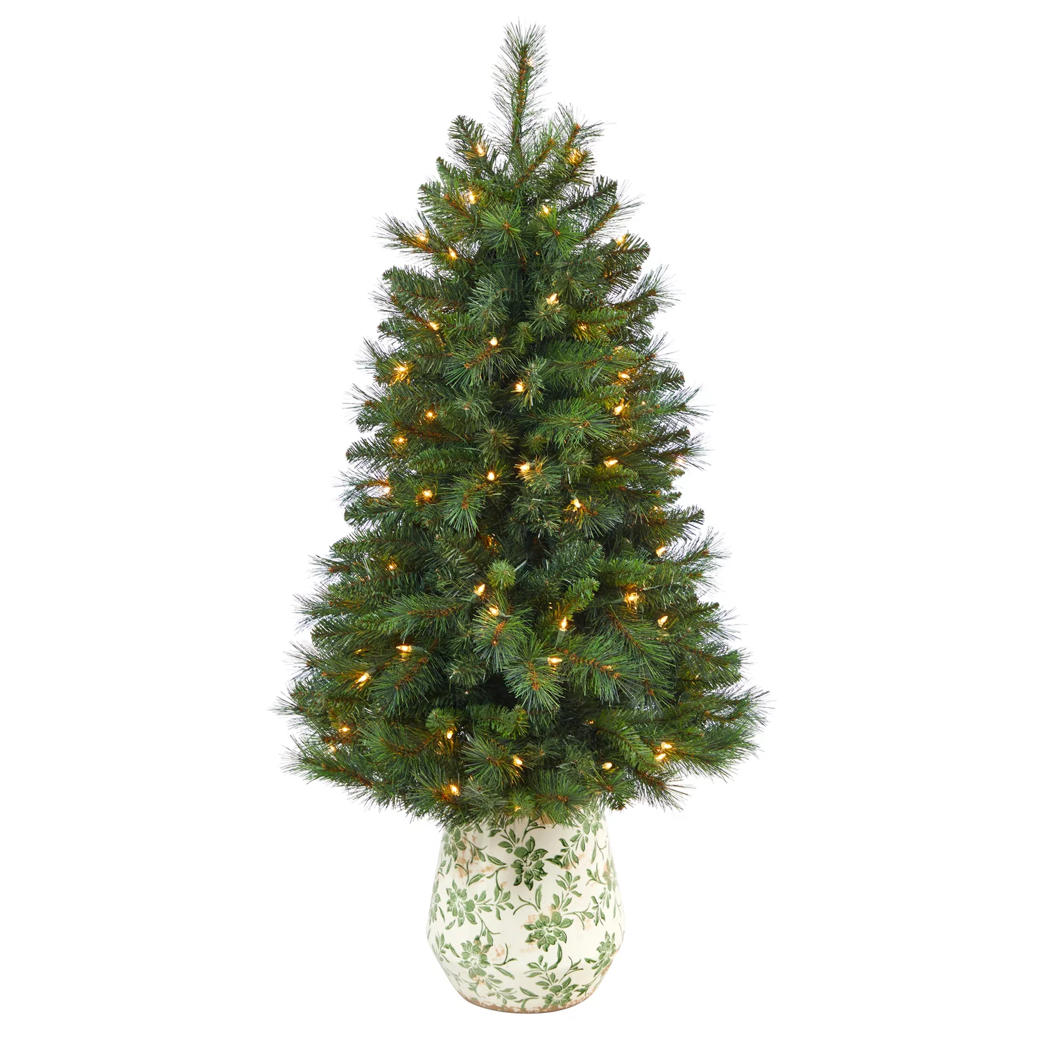 Nearly Natural 4.5ft. West Virginia Mountain Pine Artificial Christmas Tree with 100 Clear Lights and 322 Bendable Branches in Floral Print Planter