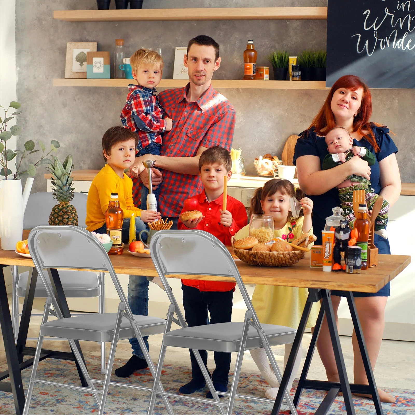 HONGGE Folding Chairs with Padded Seats, Metal Frame with Vinyl Seat & Back, Capacity 350 lbs, Gray, Set of 4