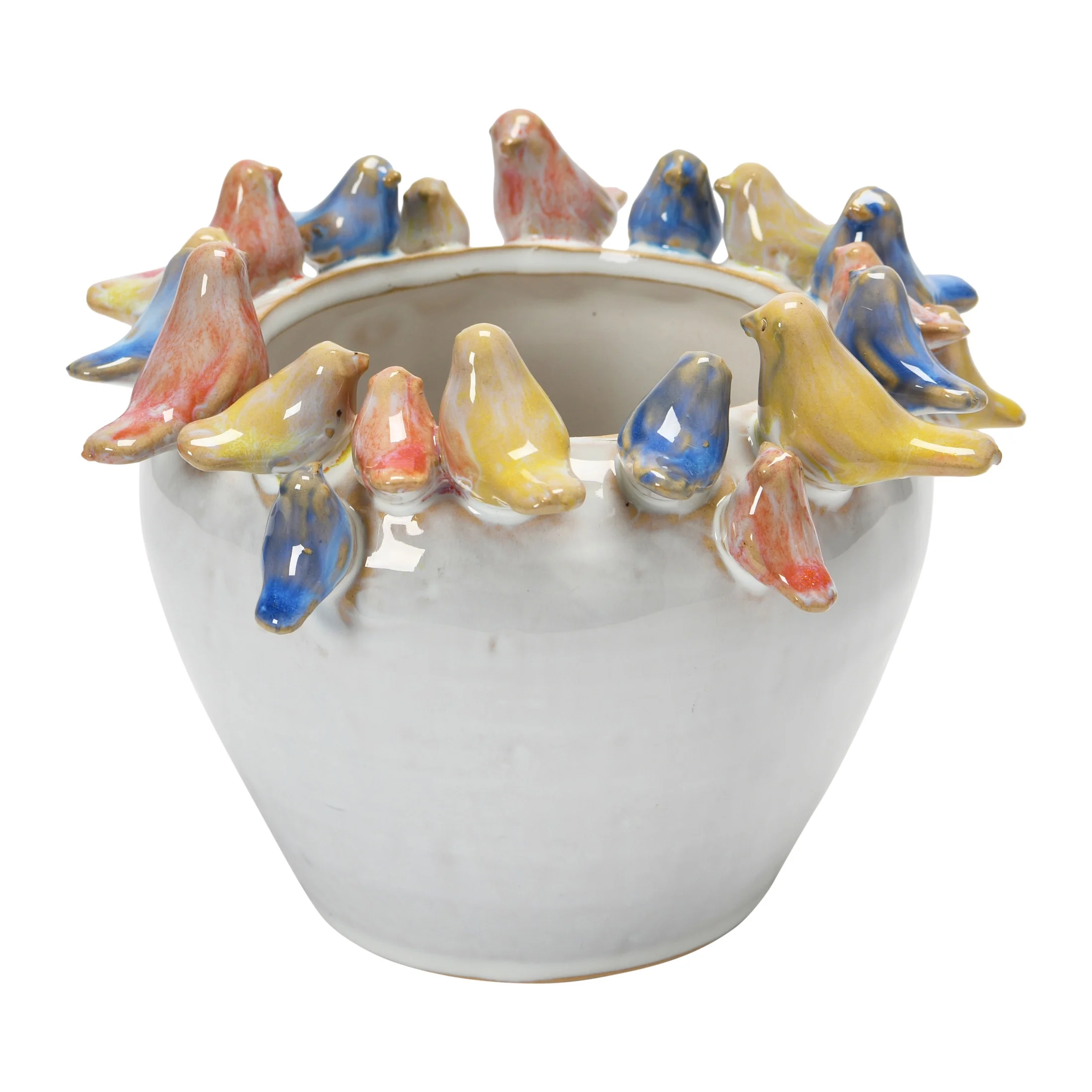 Creative Co-Op Decorative Stoneware Planter with Birds on Rim and Reactive Glaze, Multicolor