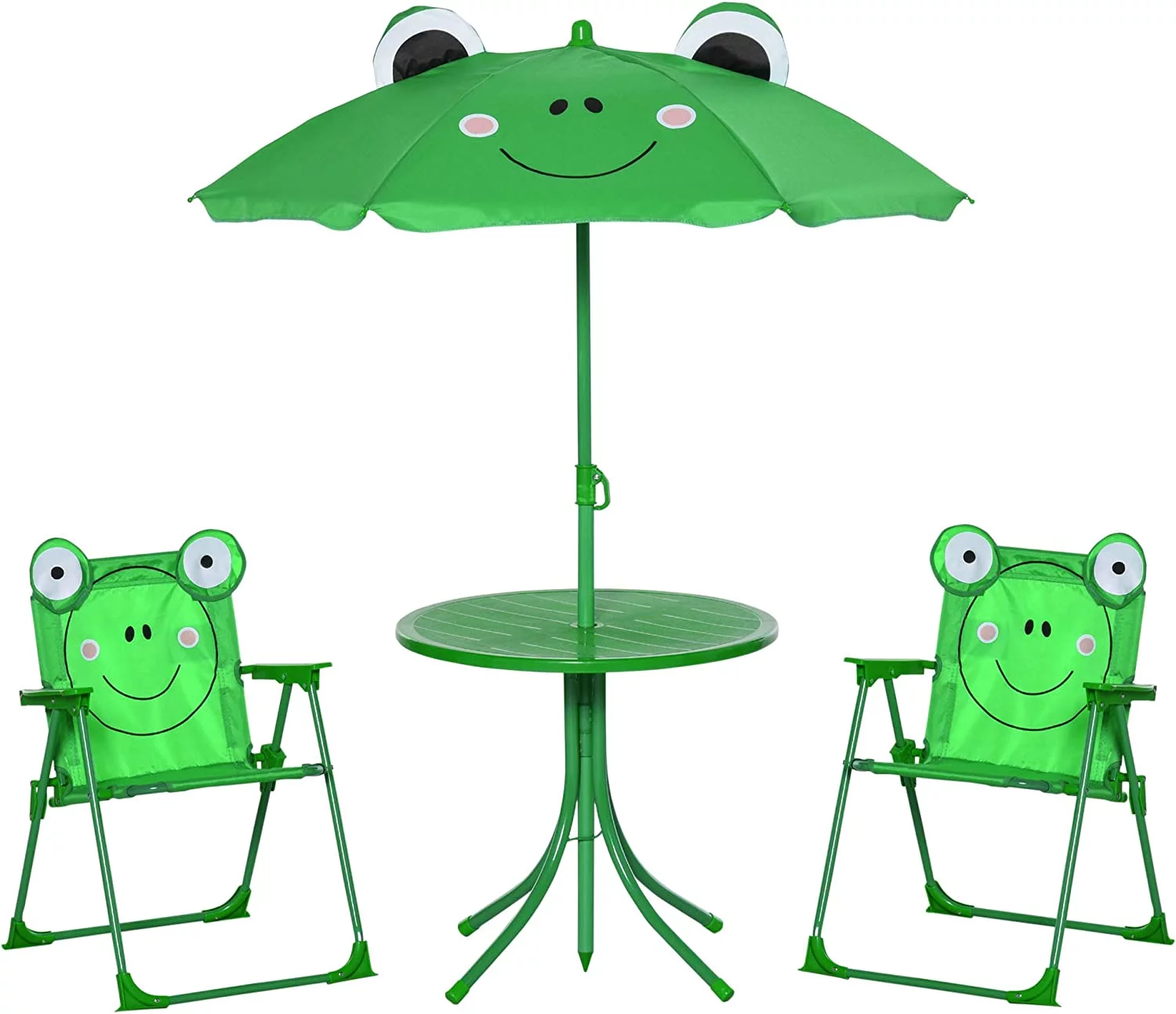 Kids Table and Chair Set, Picnic Table with Frog Pattern Removable & Height Adjustable Sun Umbrella for Garden, Backyard, Green