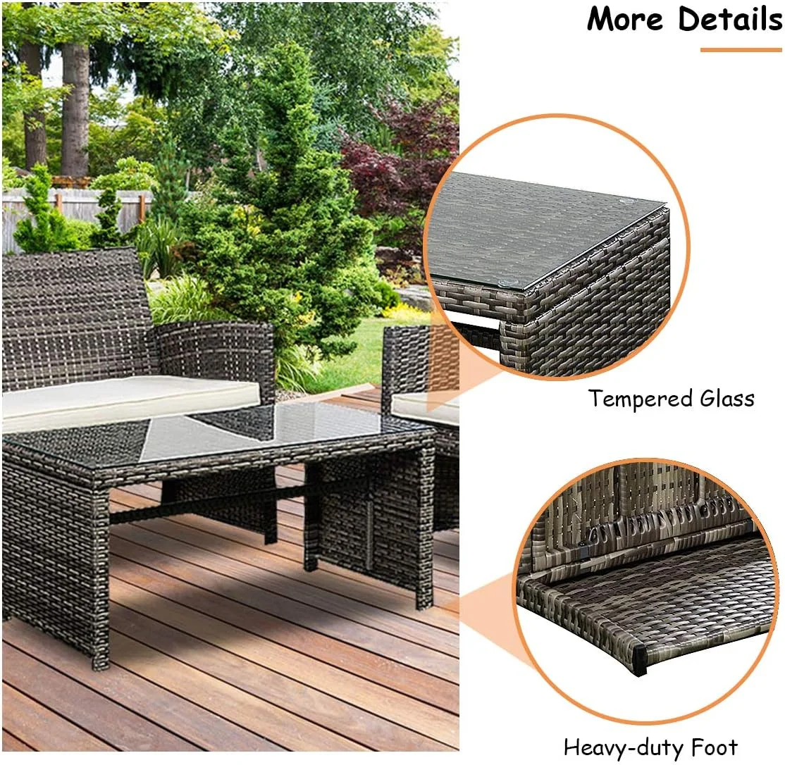 4 PC Rattan Sofa Chair And Table Set, Wicker Patio Conversation Set With Cushioned Chairs And Table