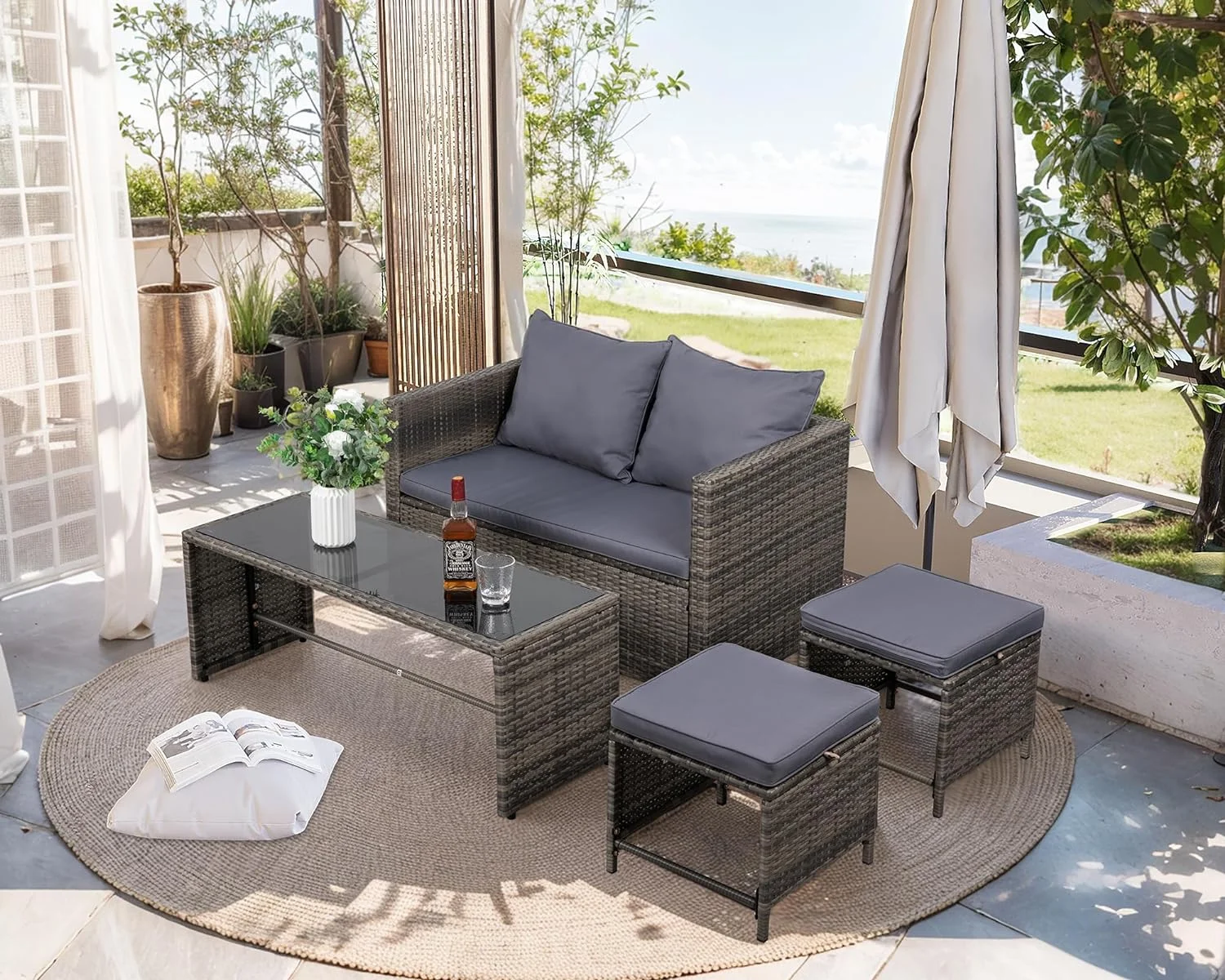 ZFGSUIJN TUIONMJ 4 Pieces Outdoor Patio TUIONMJ Sets Conversation Sets Rattan Chair Wicker Set Coffee TUIONMJ Outdoor Indoor Use Backyard Porch Garden Poolside Balcony TUIONMJ(Black Ratta