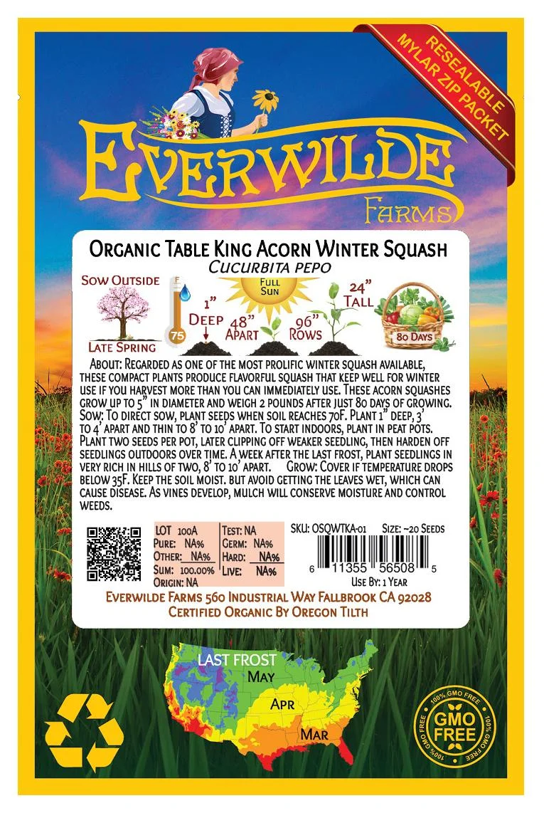 Everwilde Farms - 20 Organic Table King Acorn Winter Squash Seeds - Gold Vault Jumbo Bulk Seed Packet