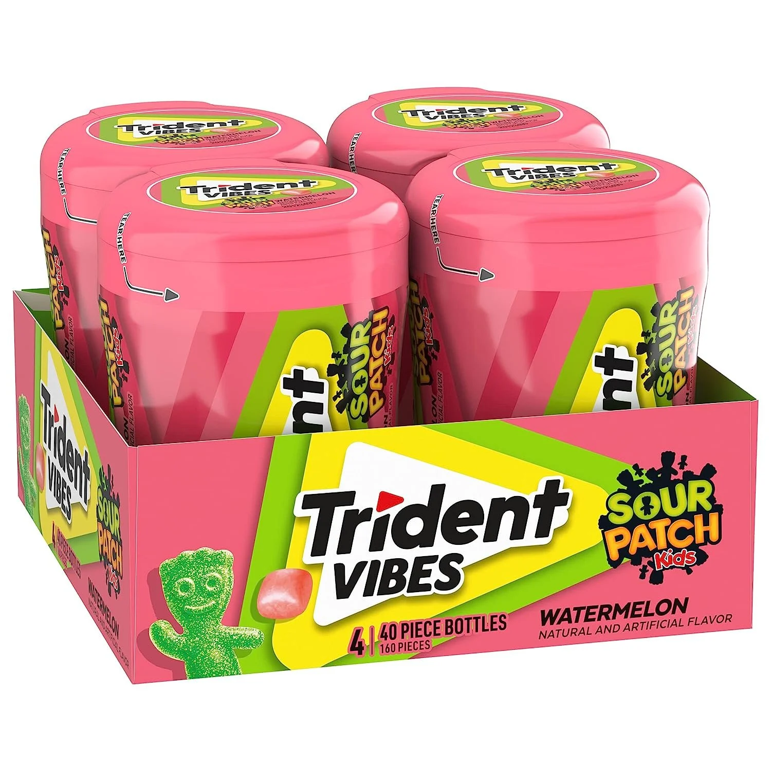 Trident Vibes SOUR PATCH KIDS Watermelon Sugar Free Gum, 4 Bottles of 40 Pieces 160 Total Pieces