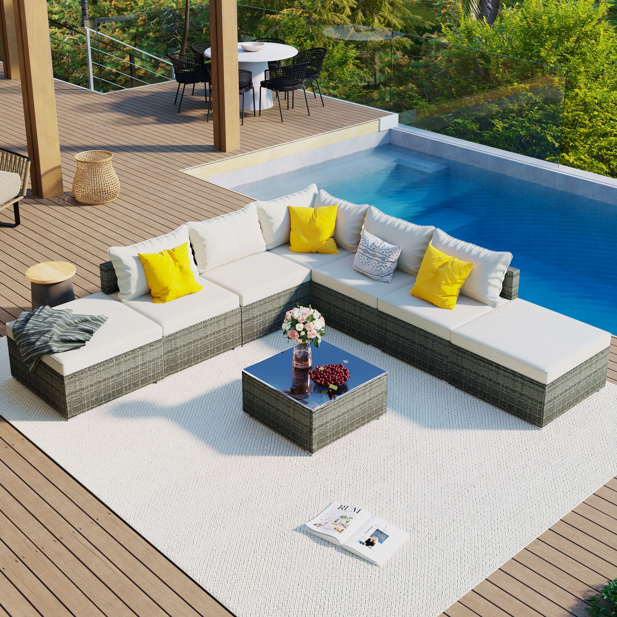 8 Pieces Combinable Outdoor Patio Furniture Set Outdoor Sectional Rattan Sofa Set Manual Wicker Patio Conversation Set with Coffee Table for Yard Deck Porch(Beige)