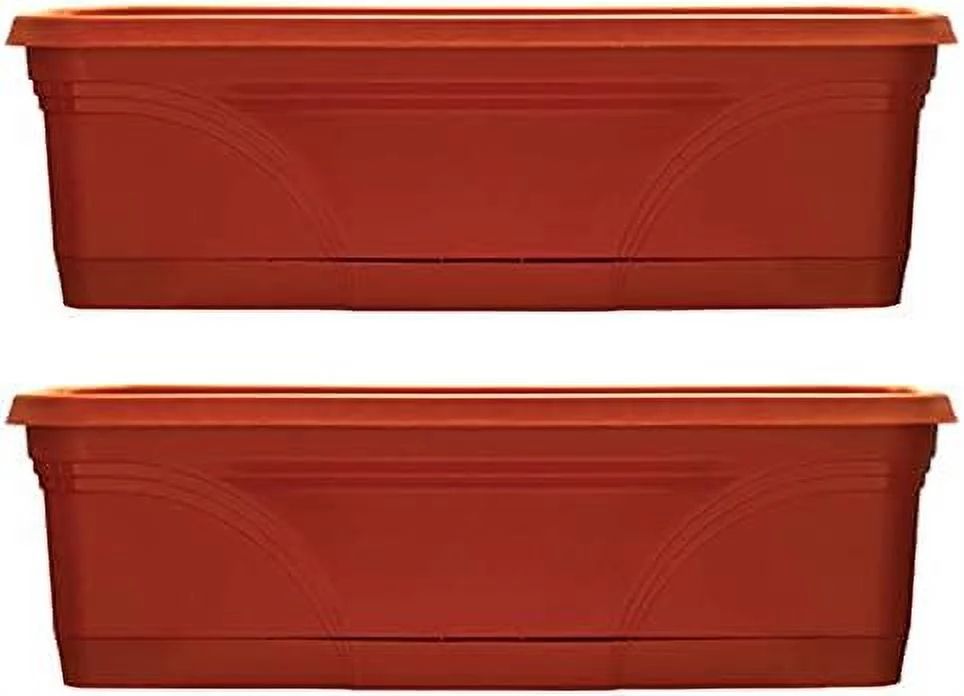 36 Inch Rectangular Plastic Medallion Hanging Windowsill And Garden Box Planters With Drainage Holes, Terracotta (2 Pack)
