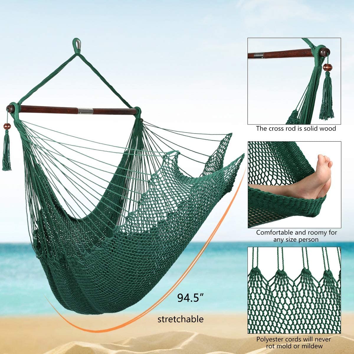 Moonlight Large Elegant Hammock Hanging Chair, Durable Polyester Hanging Chair, Indoor/Outdoor Garden & Living Room (HC-Green)